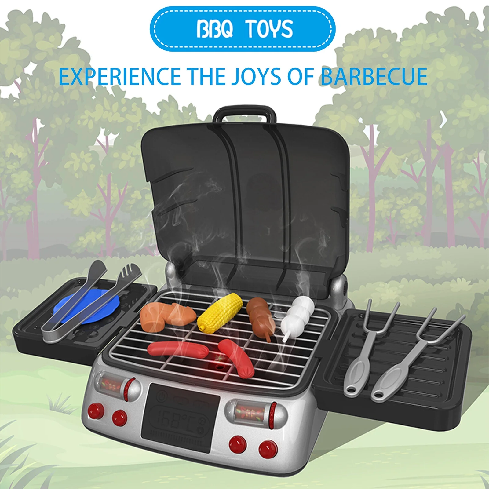 Kids Play Food Grill with Pretend Sizzling Sounds Smoke and Light Kitchen 19 Piece Playset Pretend BBQ Outdoor Toys for Toddlers Children Boys Girls Birthday Gift