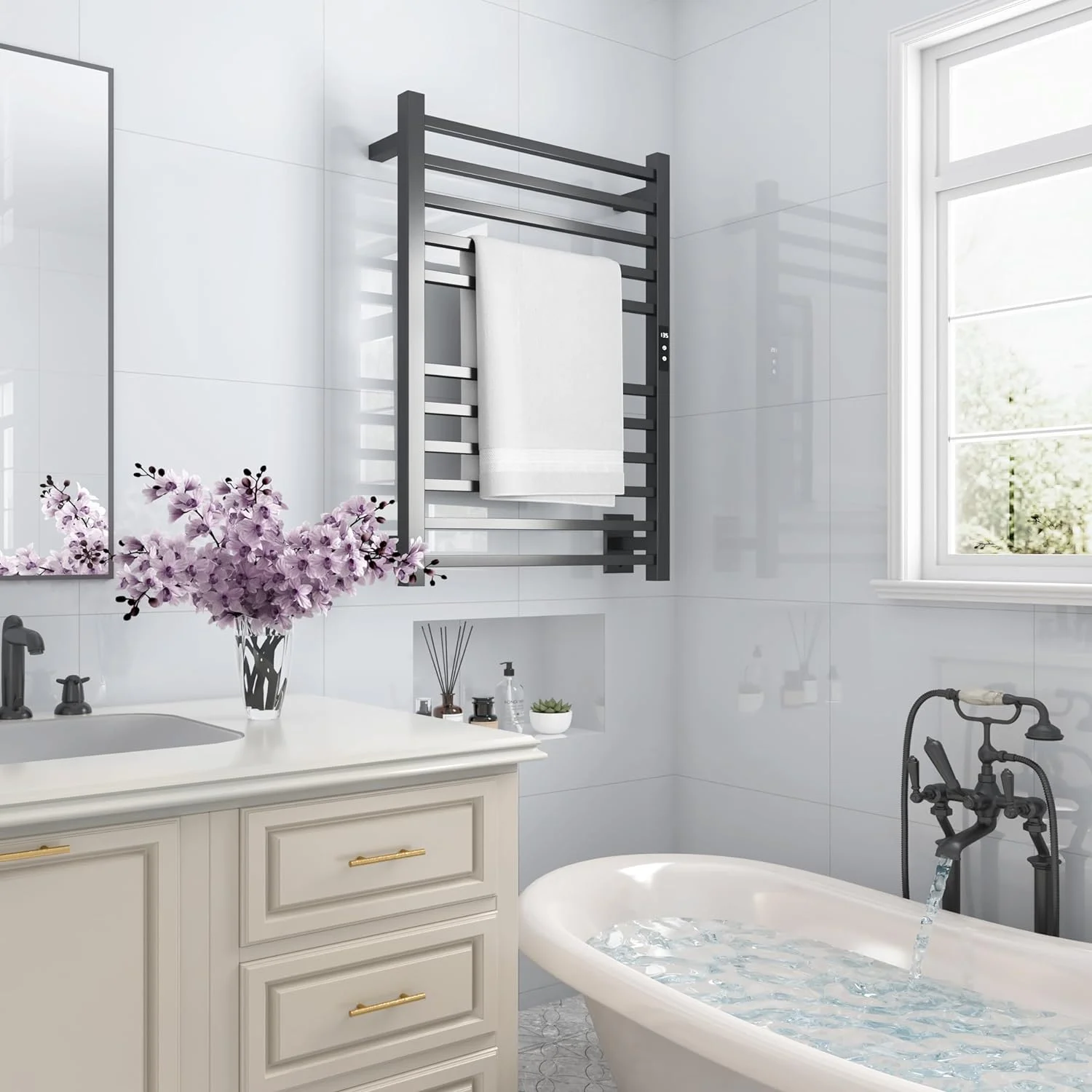 Heated Towel Rack,Electric Towel Warmer with Built-in 24hr Timer, Wall Mounted Towel Drying Rack, Plug-in/Hardwired Hot Towel Warmer,Towel Warmer Rack for Bathroom, Matte Black