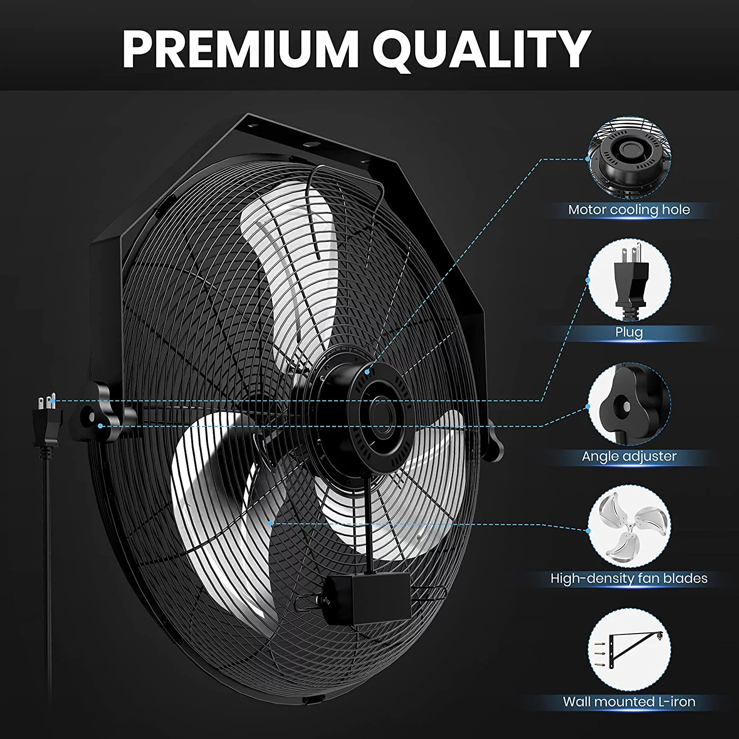 Simple Deluxe 20 inch High Velocity Wall Mount Fan with Rack and L-Iron, 3 Speed Industrial Metal Ventilation Fan