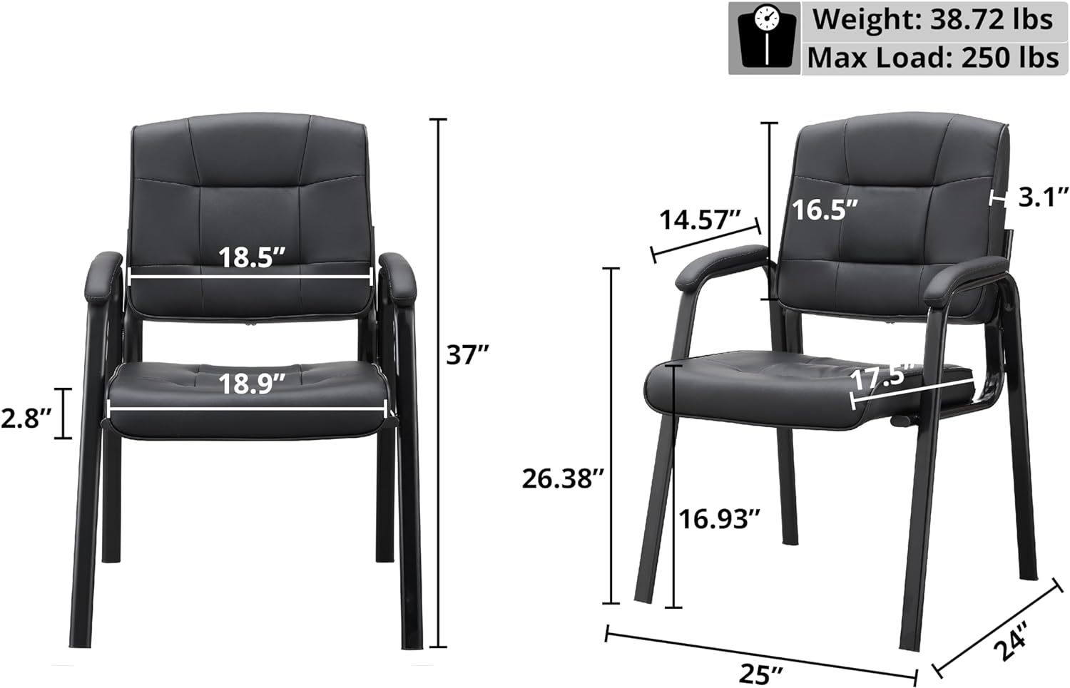 YiSHOP Office Guest and Reception Chairs with Extra Seating Area, Padded Arms and Back Support, Office Chair with No Wheels Set of 2, Silla de Oficina - Faux Leather, Black