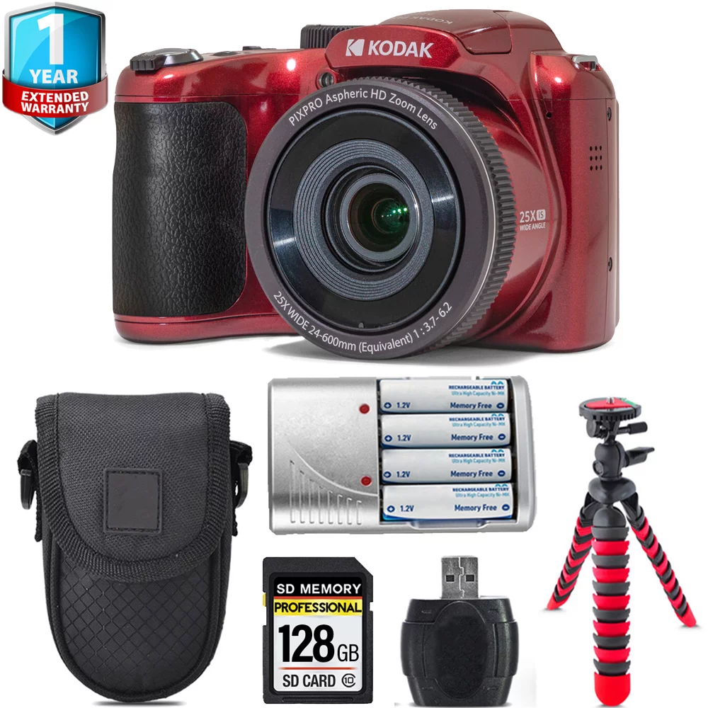 Kodak PIXPRO AZ255 Digital Camera (Red) + Extra Battery +1 Yr Warranty + Case -128GB