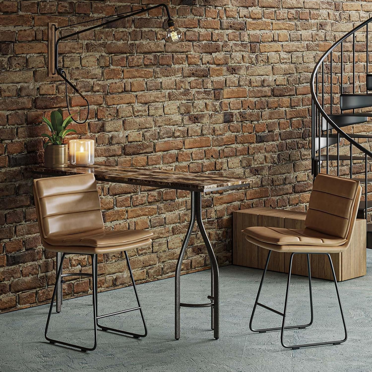 Faux Leather Bar Stools Set Of 4 With Metal Base & Footrest, Idustrial Upholstered Couter Height Bar Stools With Seat Cushio, Armless Bar Chairs For Kitche Diig Room, avy