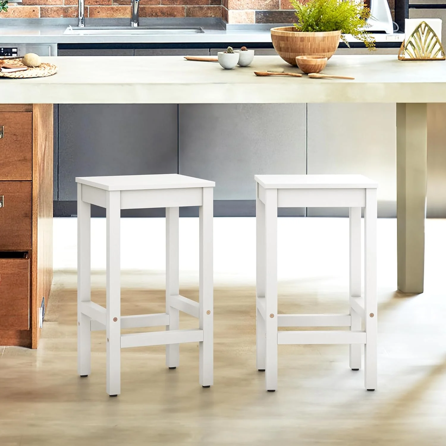 26 Inch Bar Stools Set of 2, Counter Height Bar Stools with Footrest, Acacia Wood Bar Stool for Kitchen Island, Dining Room, White