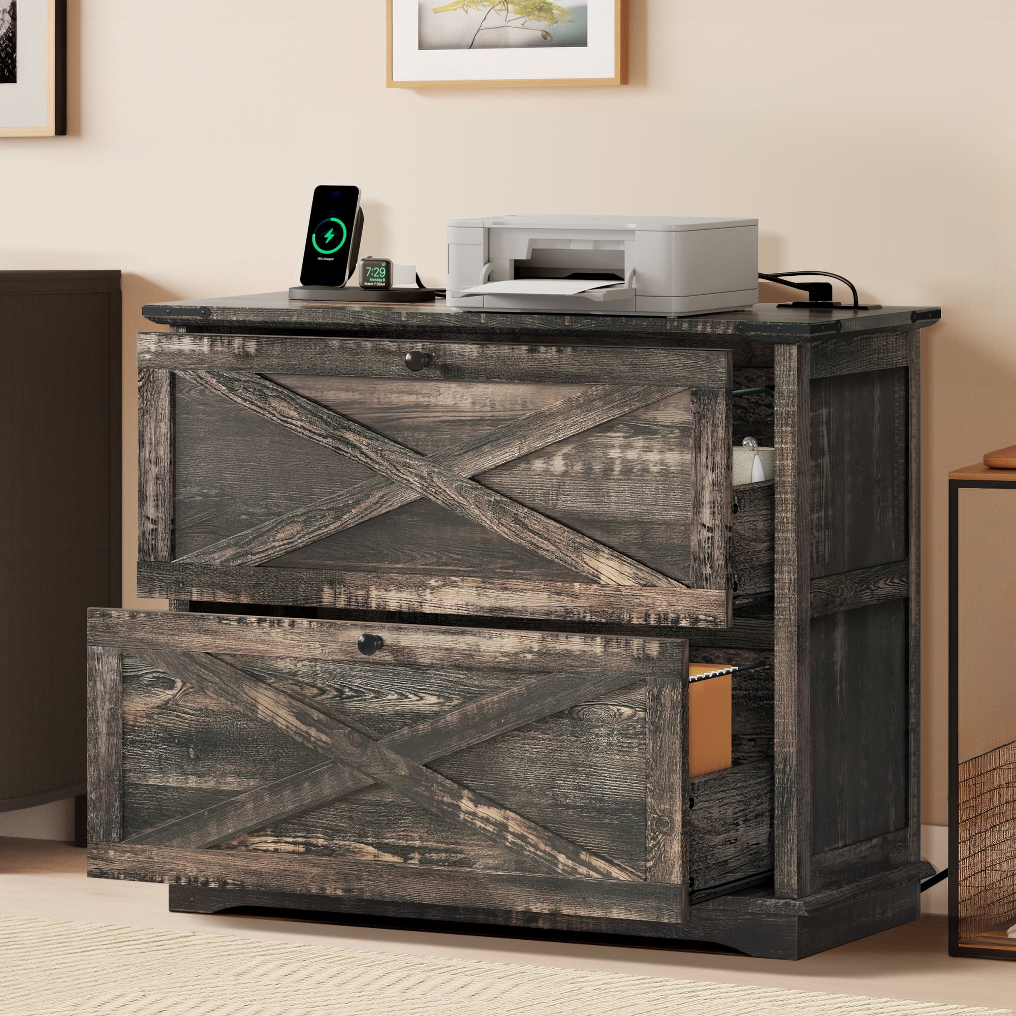 DWVO Farmhouse Wood File Cabinet with Charging Station, 2 Drawer Filing Cabinet for Legal Letter A4 F4 Size for Home Office, Dark Rustic Oak