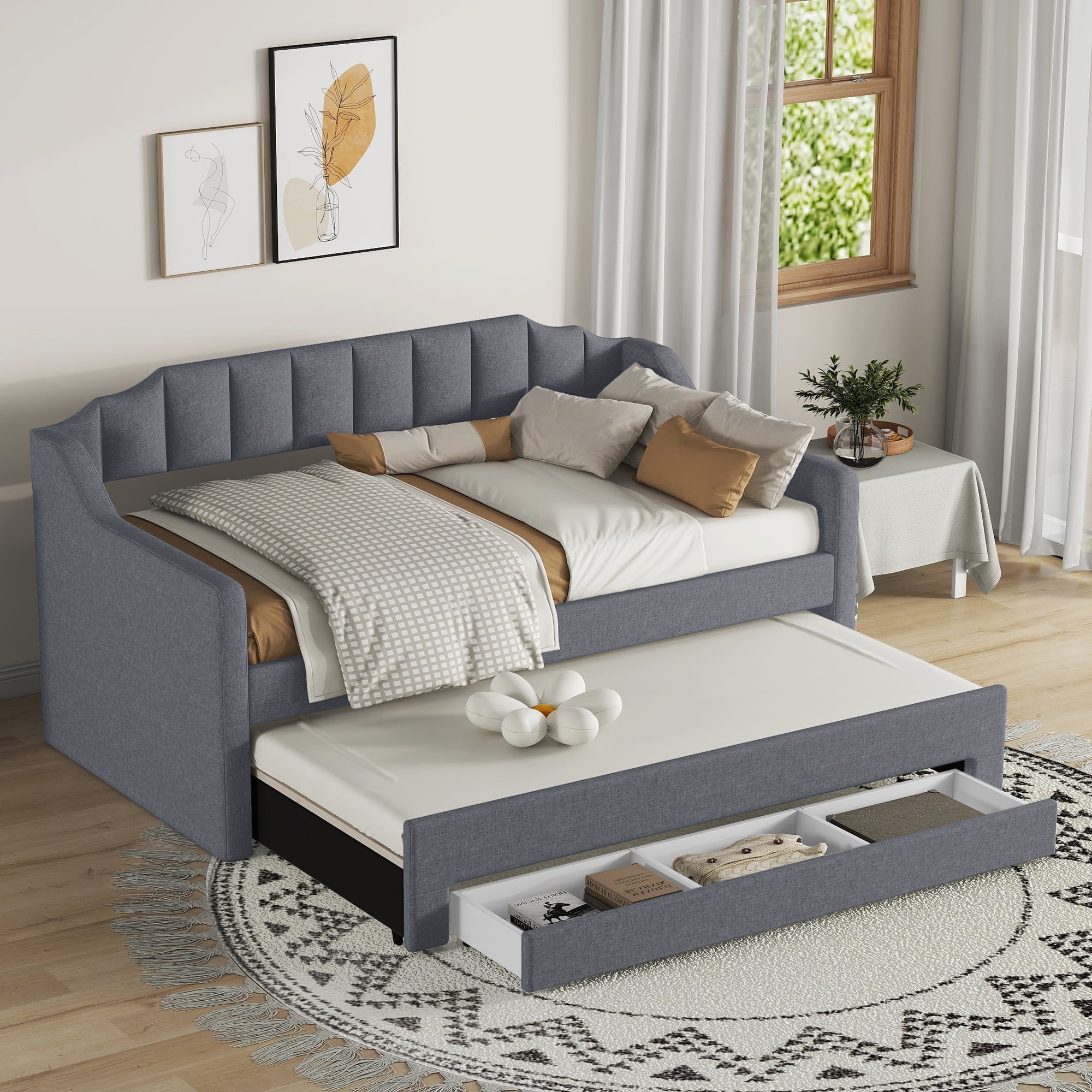 Homiyad Twin Size Upholstered Daybed with Trundle and Three Drawers,Gray