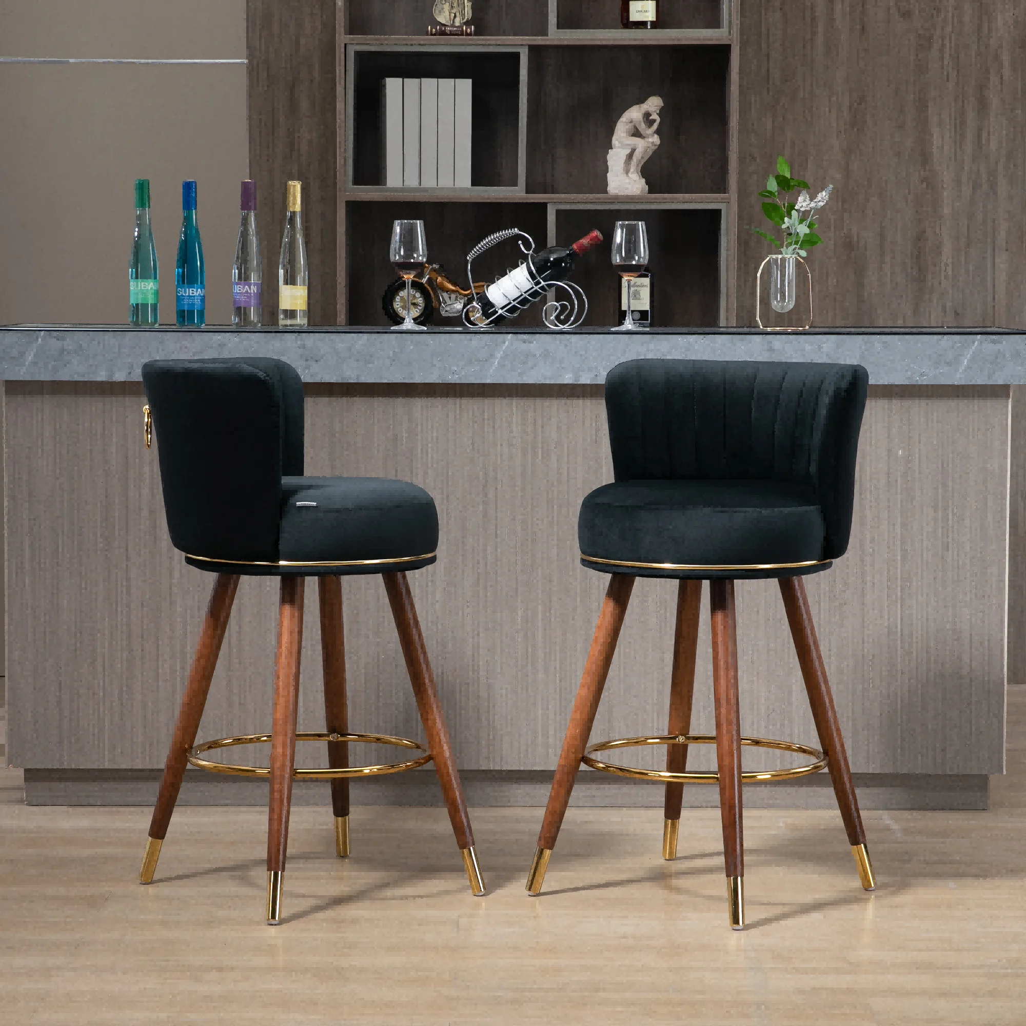 Upholstered Bar Stools, Upholstered Tufted Counter Height Bar Stool Chairs with Solid Wood Legs Kitchen Island Padded Barstools with Footrest High Dining Chairs(Black,Set of 2)