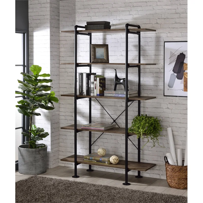 Bowery Hill 5 Wooden Tiers Shelf Bookcase in Rustic Oak and Black