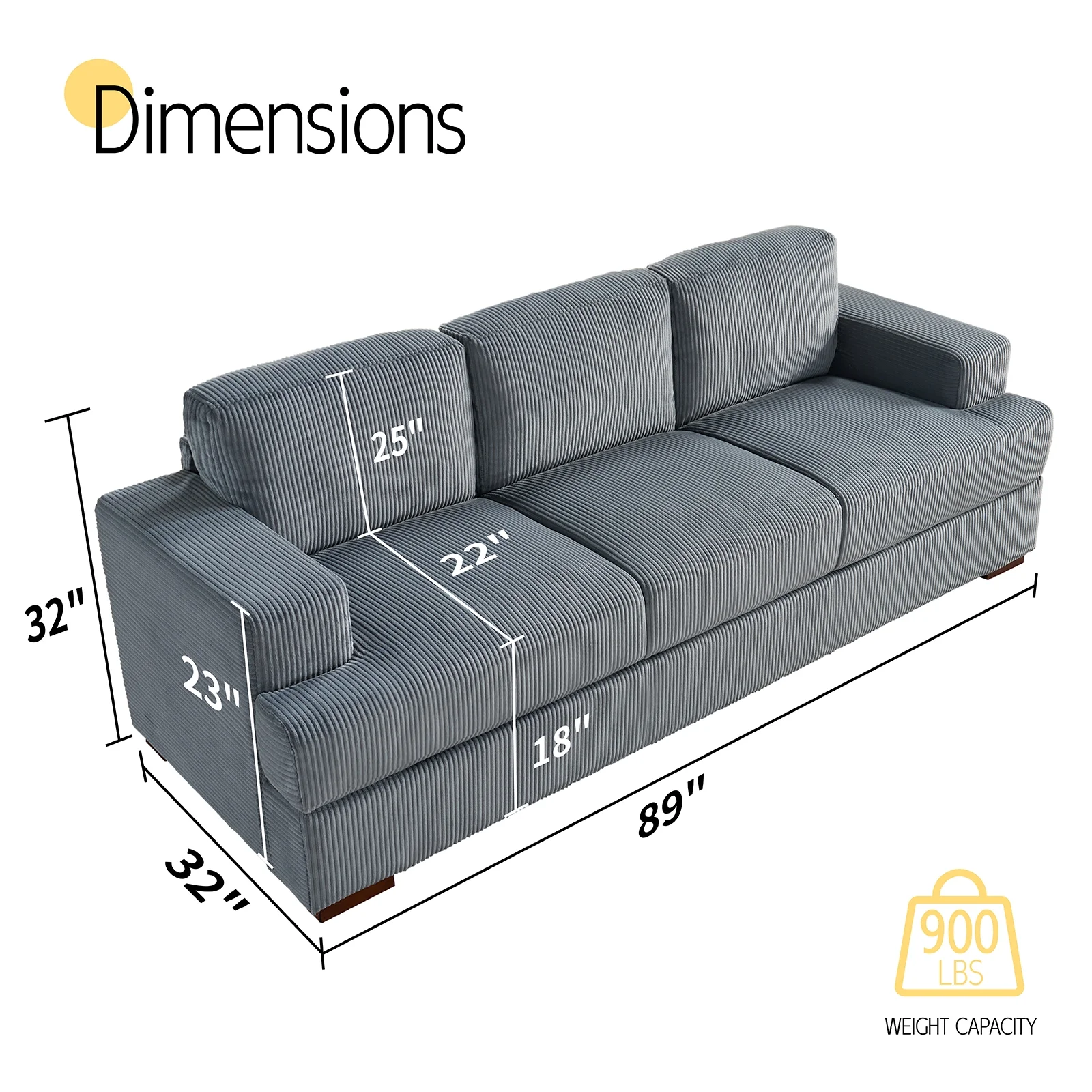 AMERLIFE 89in Couch, Comfy Sofa with Wood Legs, 3 Seater Modern Sofa- Deep Seat Couches for Living Room, Gray Corduroy