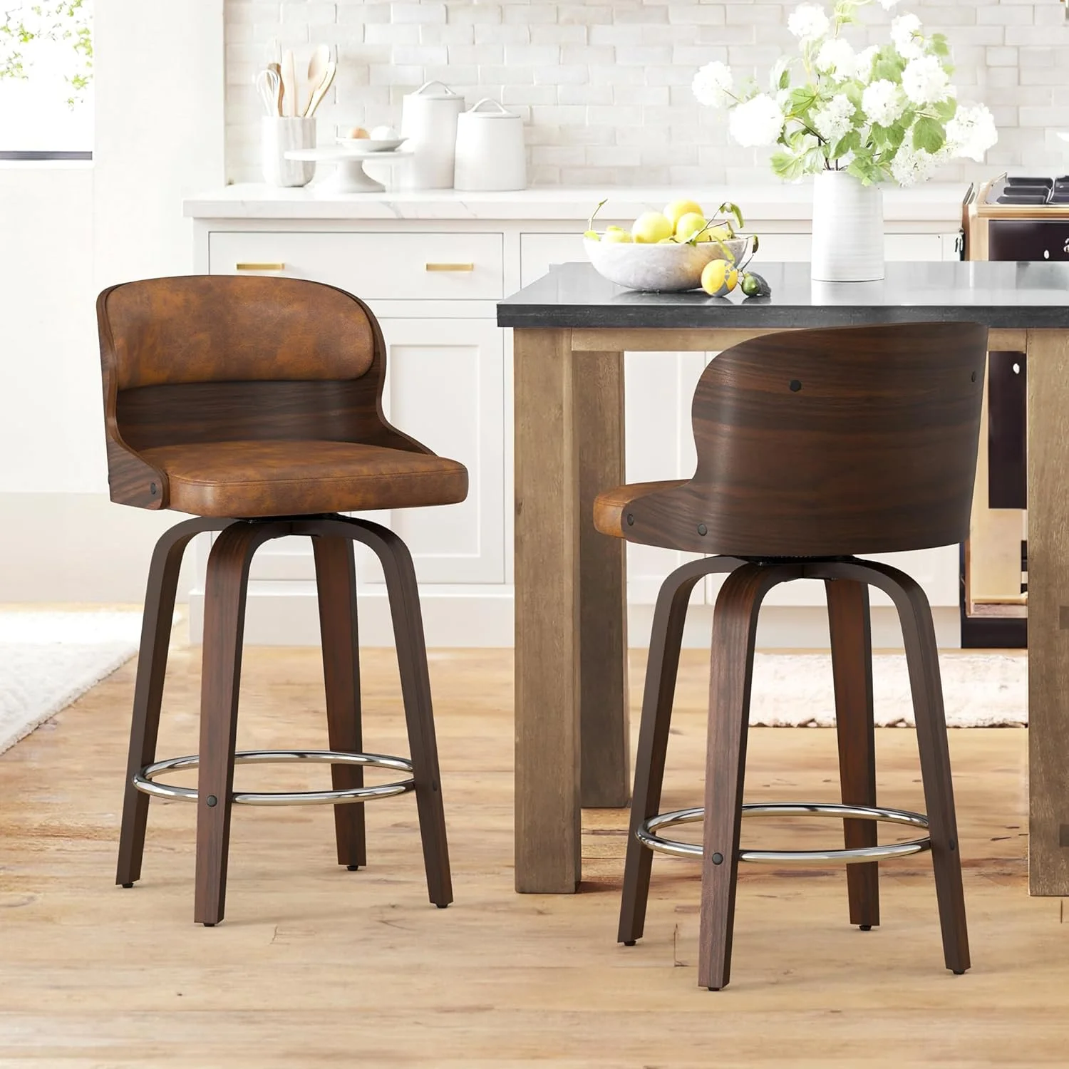 U-ToBe Bar Stools Swivel, Mid Century Modern Bar Stools, 26 Inch Bar Chairs with Hollow Back, Walnut Finish and Faux Leather Seat, Counter Height Barstool Set of 4, Whiskey Brown