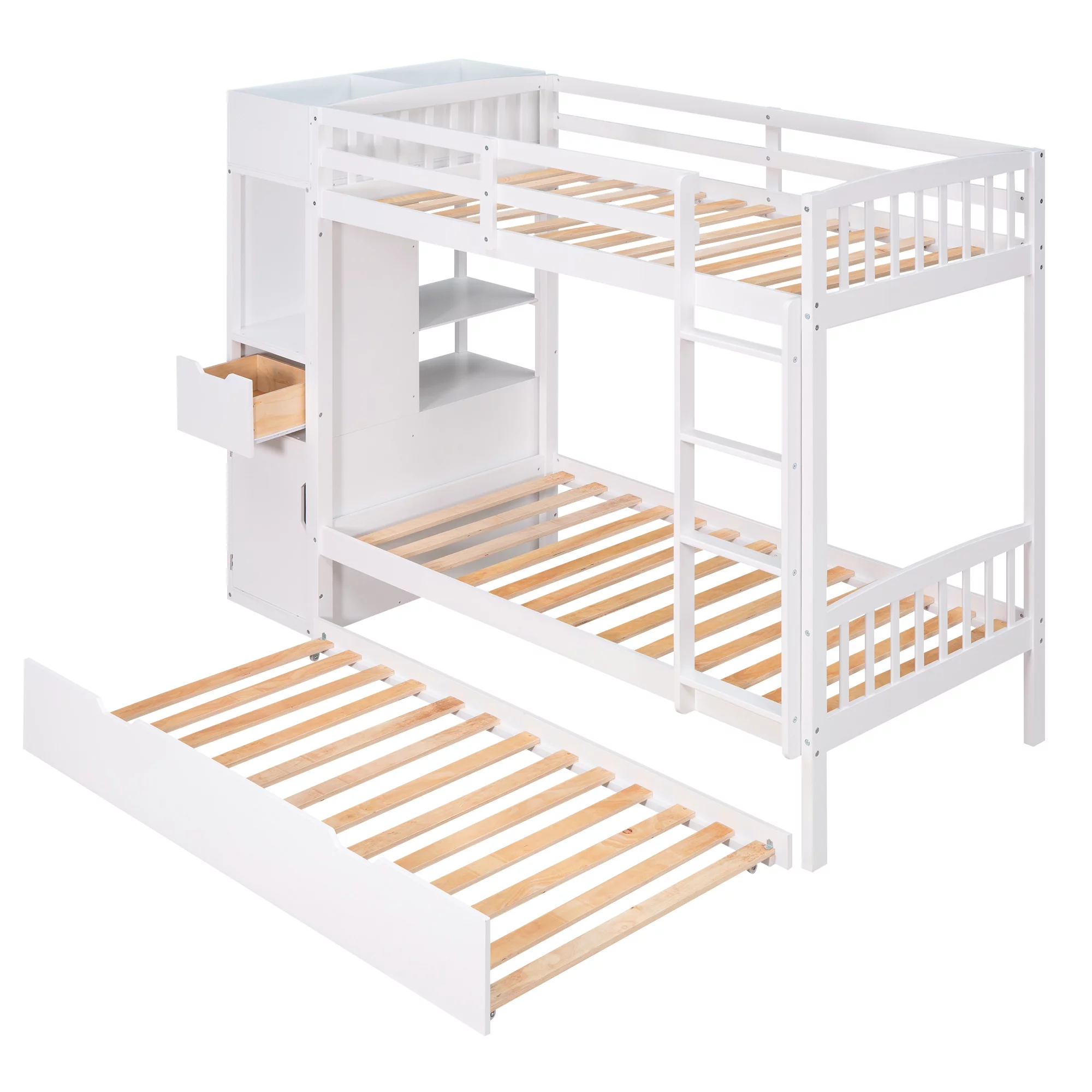 Twin over Twin Bunk Bed with Trundle and Multi-functional Locker, White