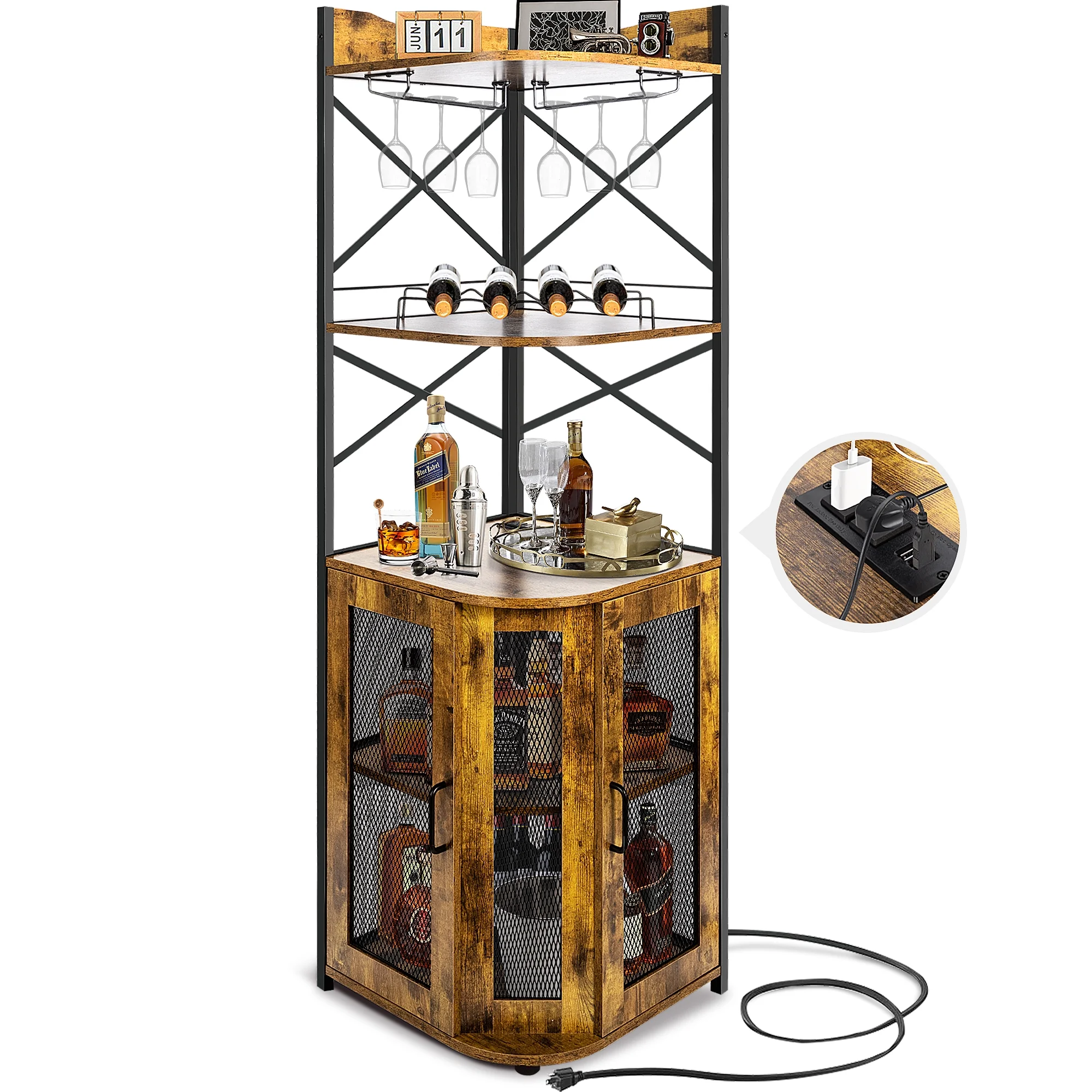 SULIVES Corner Bar Cabinet: 5-Tier Rustic Brown Liquor Cabinet with Glass & Wine Holder, Equipped with Outlets, Perfect for Tall Bar Spaces