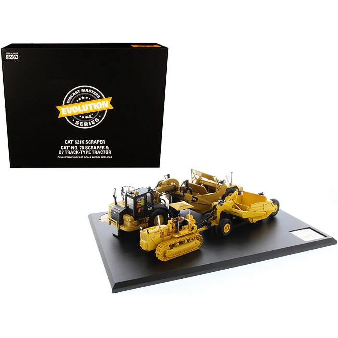 Diecast Masters 85563 1-50 Diecast Model CAT Caterpillar 621K Scraper & Caterpillar No.70 Scaper with D7 Track-Type Tractor Yellow Evolution Series