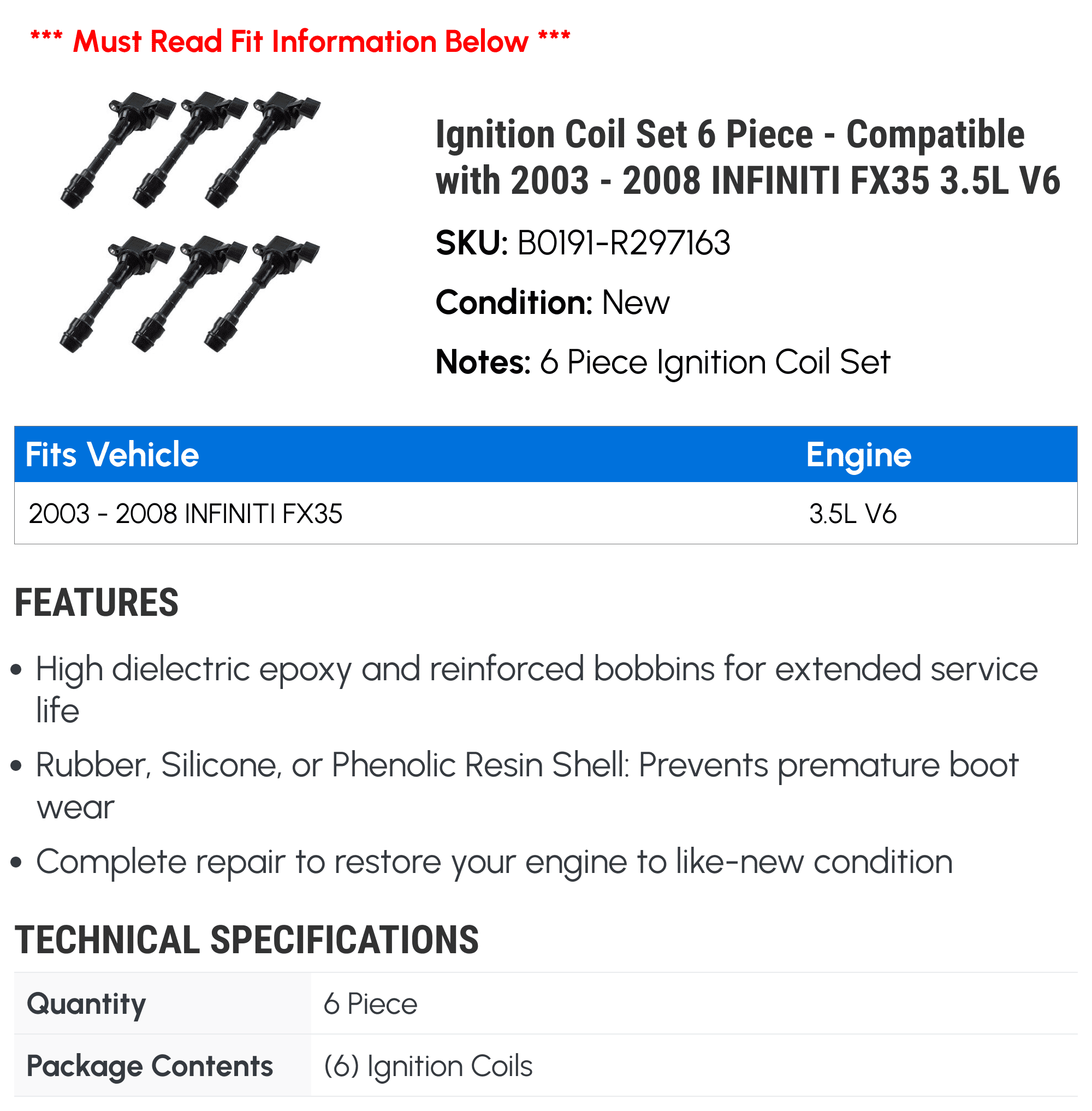Ignition Coil Set 6 Piece - Compatible with 2003 - 2008 INFINITI FX35 3.5L V6 2004 2005 2006 2007