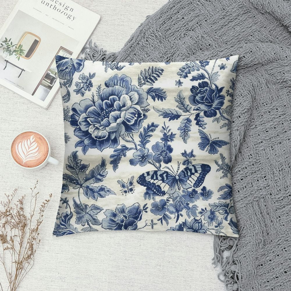 Awypu Blue and White Porcelain Floral Pillow Covers Modern Vintage Chinoiserie Decorative Throw Pillow Covers Soft Elegant Couch Cushion Cover for Bed Living Room Outdoor Sofa,18 x 18 Inch
