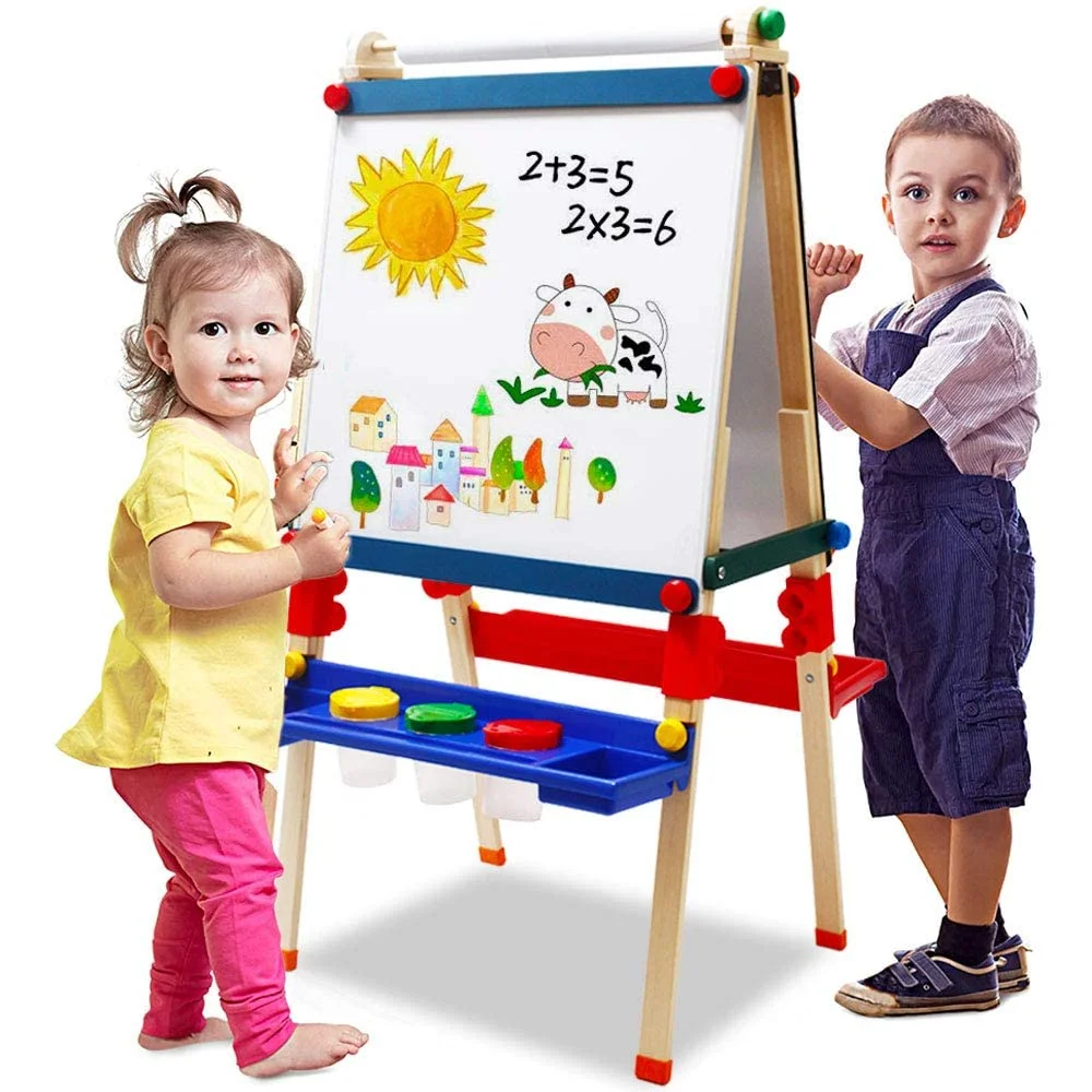 Wooden Easels for Kids with Paper Roll Double-sided Board Dry Erase Adjustable Standing Art Easel with Storage