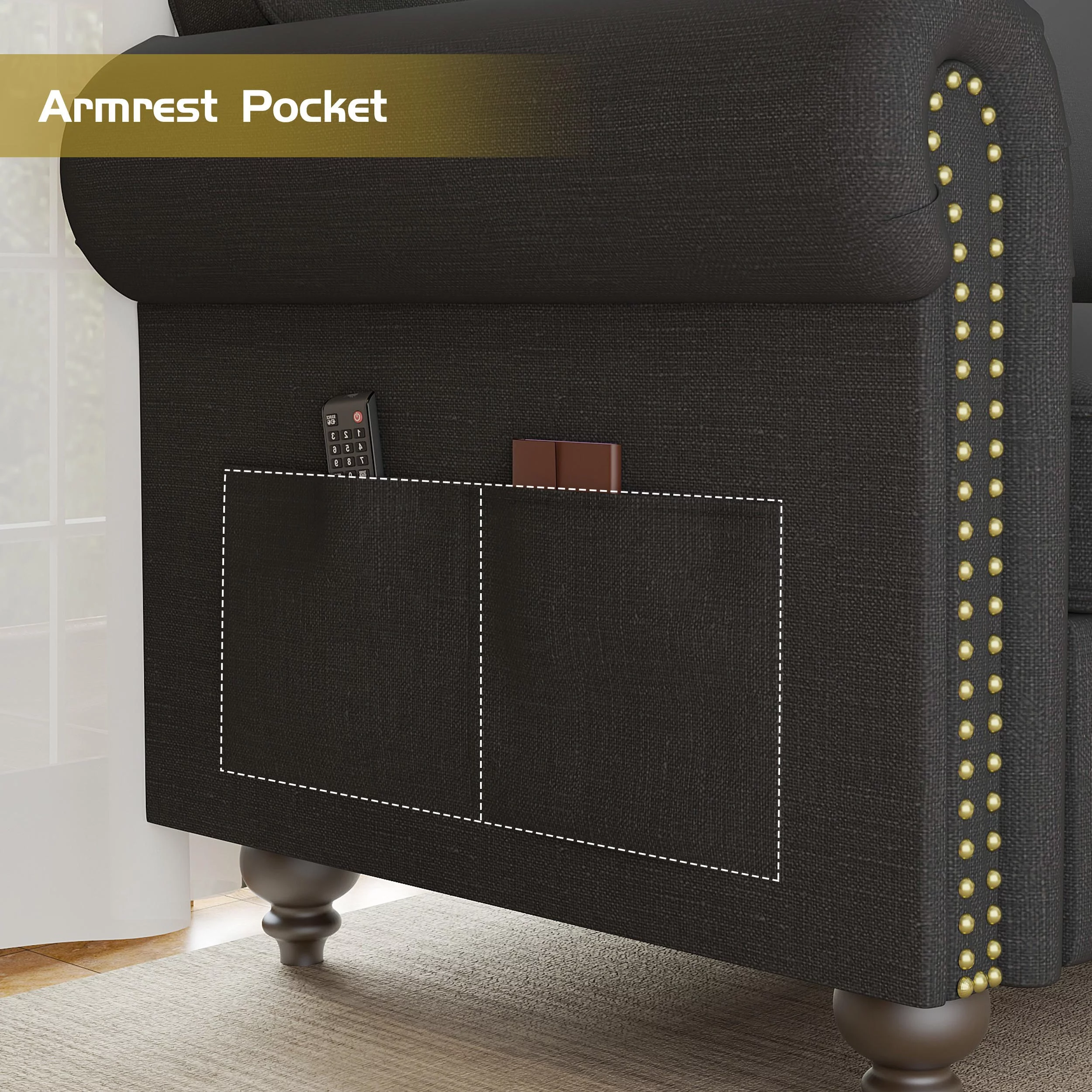 Nolany Reversible Sectional Couch with Ottoman Corner L-Shaped Sofa with Rolled Arms Sectional Sofa with Chaise for Small Space, Dark Grey