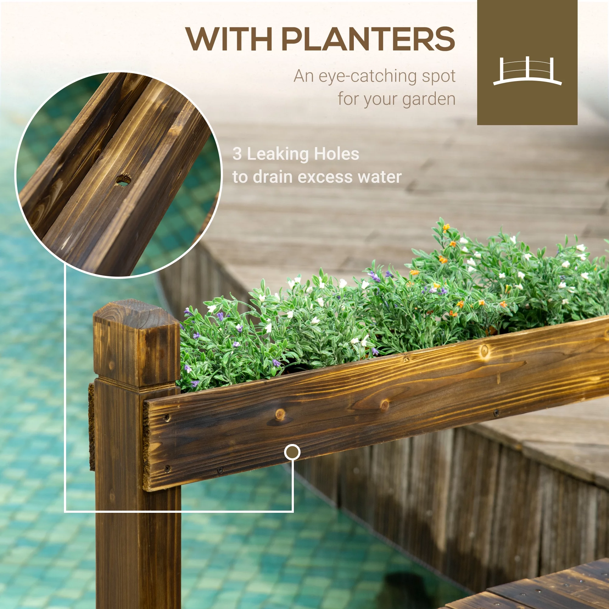 Outsunny Wooden Garden Bridge with Planters, Stained Finish Arc Footbridge