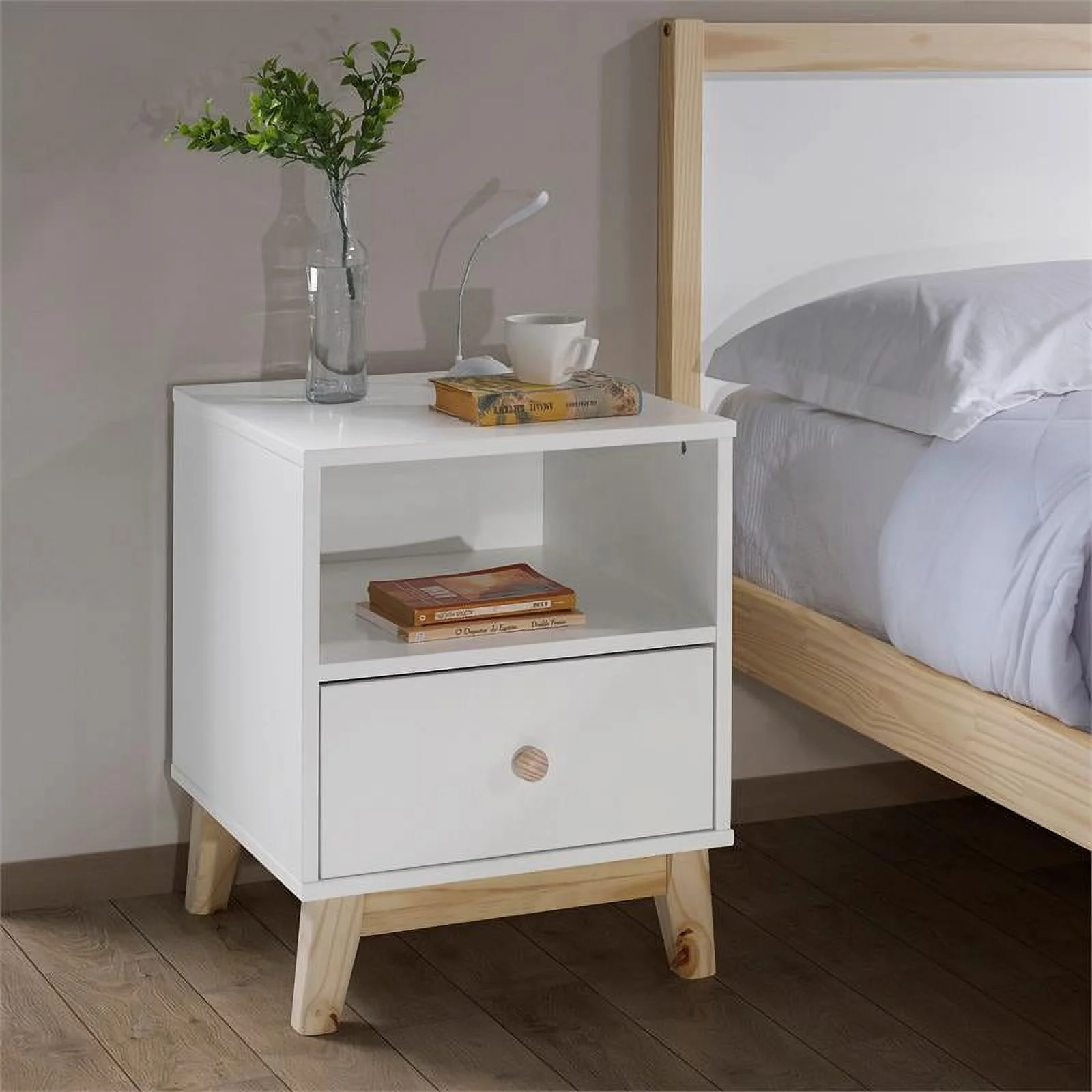 Home Square Wood One Drawer Nightstand in White Finish - Set of 2