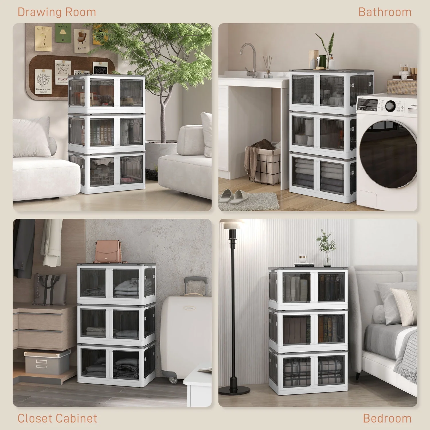 ZJbiubiuHome 3 Stackable  Bins w/ Lids  Wheels  Collapsible  18 gal