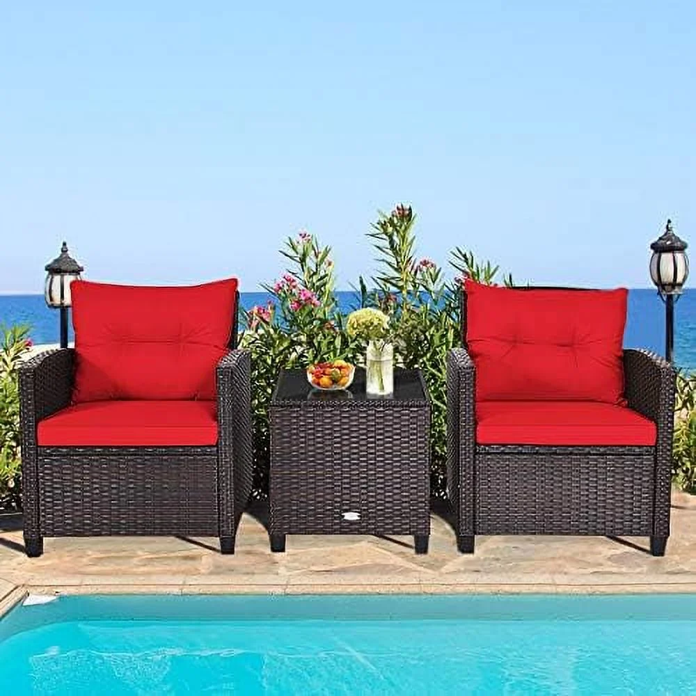 TJUNBOLIFE 3 Pieces Patio Conversation Set Rattan Wicker  Set Outdoor  Garden Sofa Chair with Washable Cushion & Coffee Table
