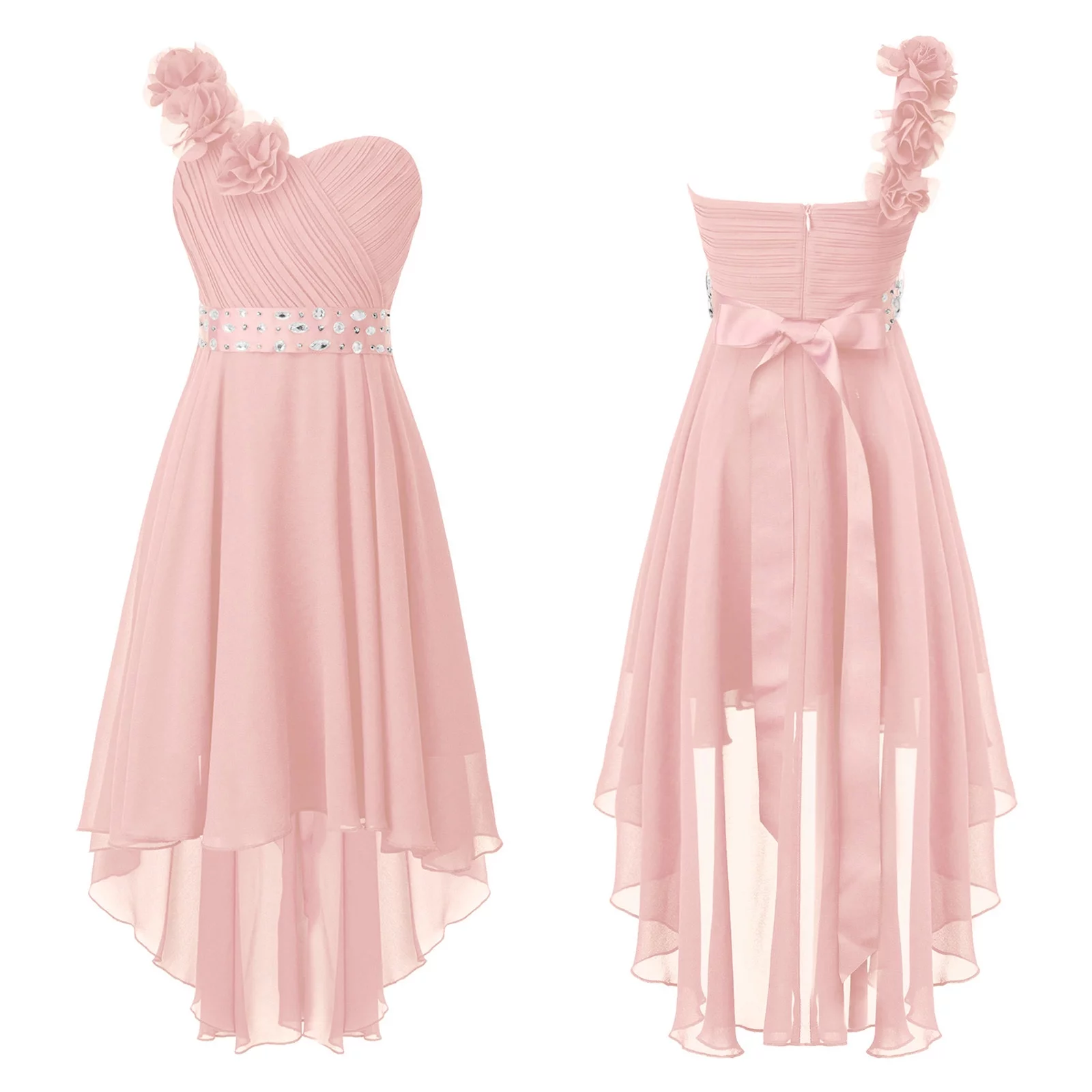 vastwit Kids High Low Flower Girl Dress One Shoulder Ruched Chiffon Bridesmaid Wedding Party Gown Pink 12
