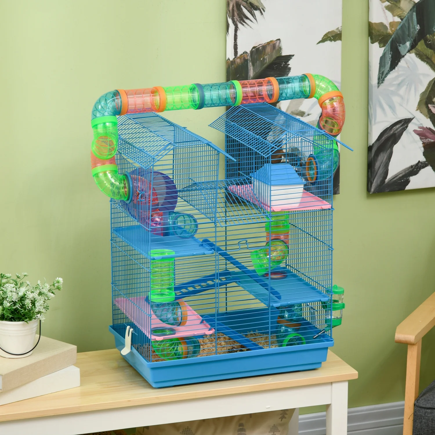 DremFaryoyo PawHut 18.5” 5 Tier Hamster Cage with Tubes and Tunnels  Small Animal Cage  Rat Gerbil Cage with Water Bottle  Food Dish  Exercise Wheel  Blue