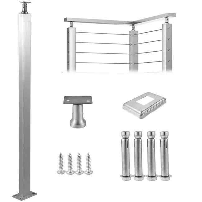 Vevor  42 x 1.97 x 1.97 in. Cable Handrail Post Stainless Steel Wire Drawing Deck Railing DIY Picket Without Hole Stair Railing Kit with Mount Bracket - Sliver