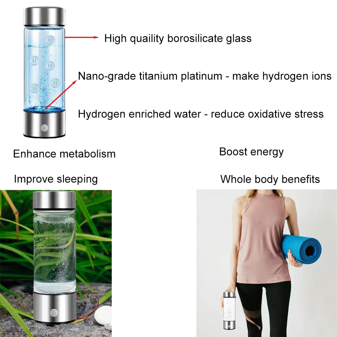 Hydrogen Water Bottle Generator - Hydrogen Water Ionizer Machine - Portable Hydrogenated Hydrogen Ion Water Bottle