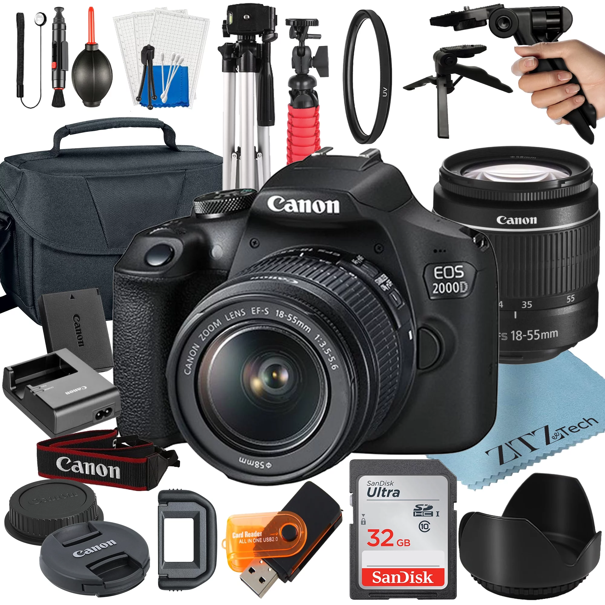 Canon EOS 2000D / Rebel T7 DSLR Camera Bundle with 18-55mm Zoom Lens + 32GB SanDisk Card + Case + Tripod + ZeeTech Accessory