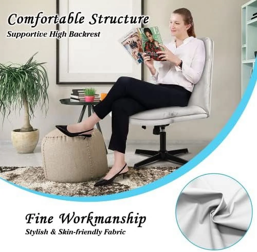 TJCGDTY High Back Armless Office Desk Chair No Wheels  PU Leather Cross Legged Office Chair  Wide Seat Home Office Desk Chairs  Adjustable Swivel Vanity Task Computer Chair (Beige)