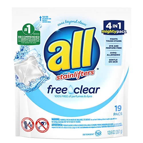 All Mighty Pacs Laundry Detergent, Free Clear For Sensitive Skin Pouch, 19 Count, 6 Pack