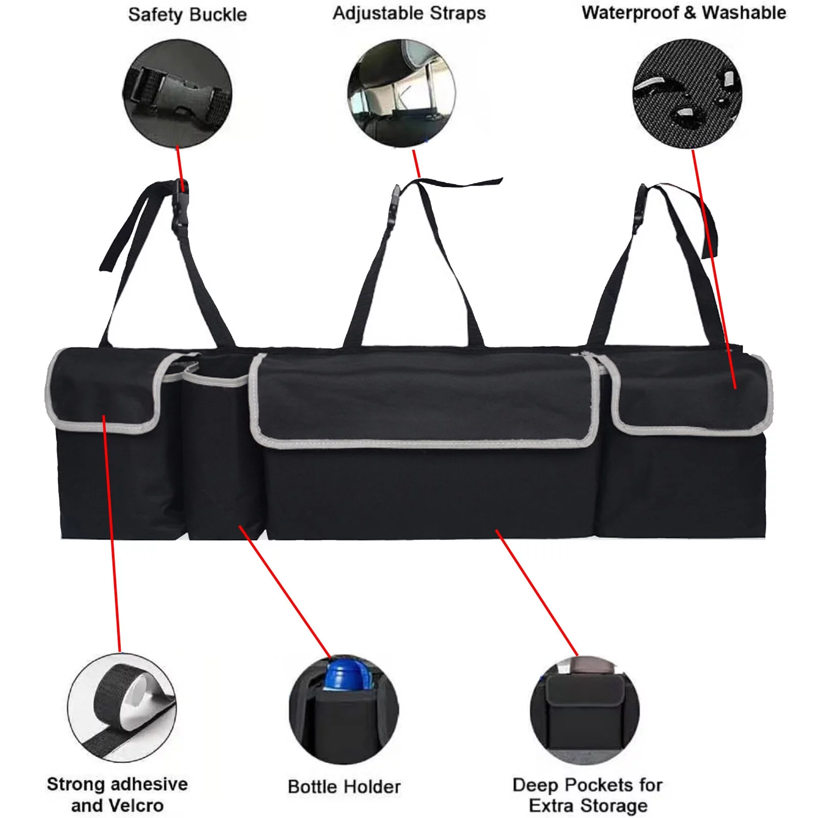 PICKTEAM Back Seat Trunk Organizer Hanging Car Organizer Trunk Foldable Cargo Storage with 4 Large Pockets 3 Adjustable Straps (35.4x9.8''）