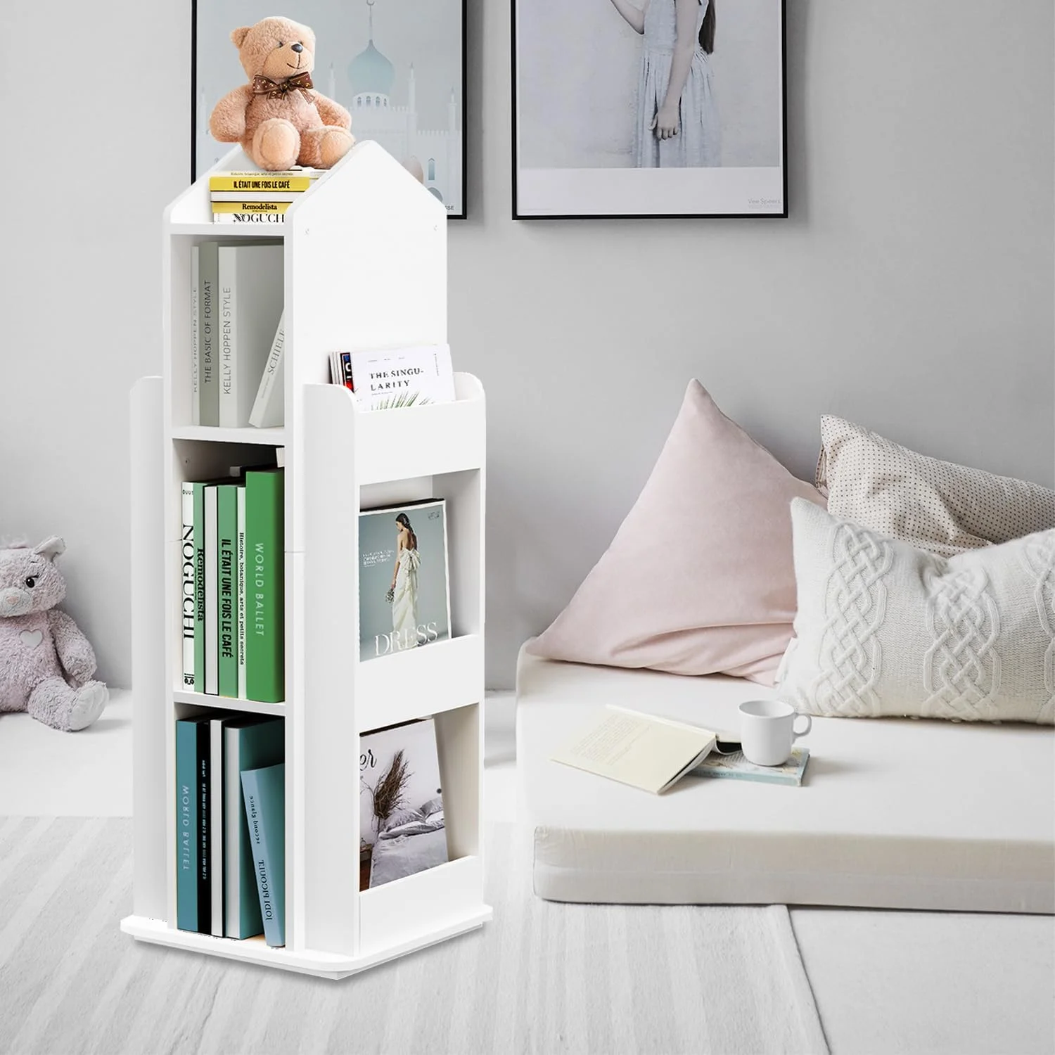 YILAN Rotating House Bookshelf 360° Rotating Kid's Bookcase 3 Tier Floor Standing Bookcase Wooden Children's Book Shelf for Home, White
