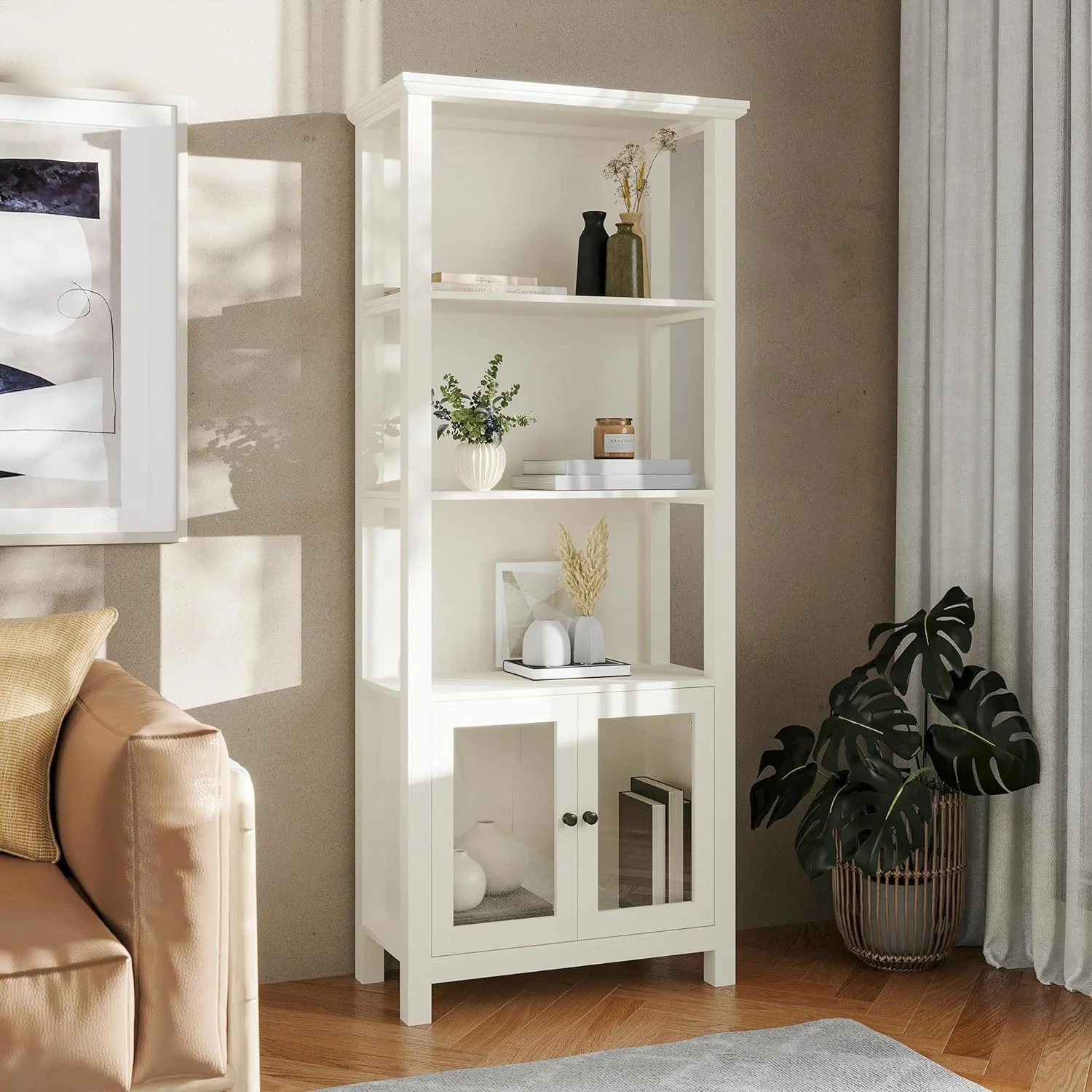 YANRUI Stella Modern Farmhouse Wooden Bookcase and Storage Cabinet with Tempered Glass Doors and 3 Upper Shelves, Set of 1, White