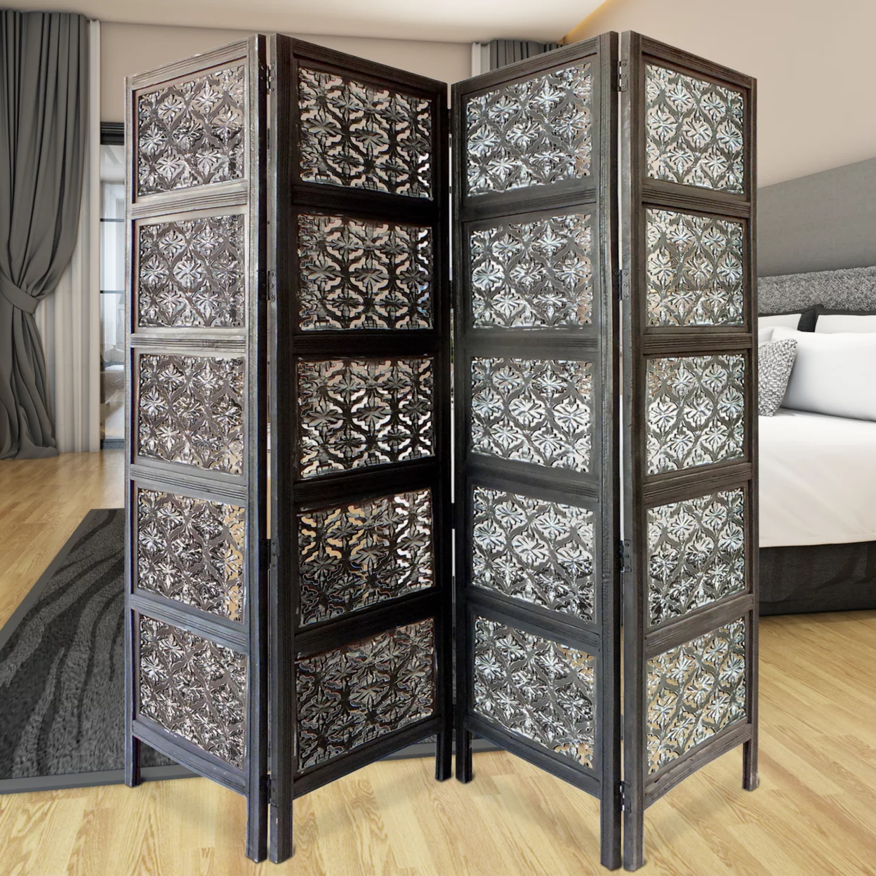 Four Panel Mango Wood Room Divider with Traditional Carvings, Black and White- Saltoro Sherpi