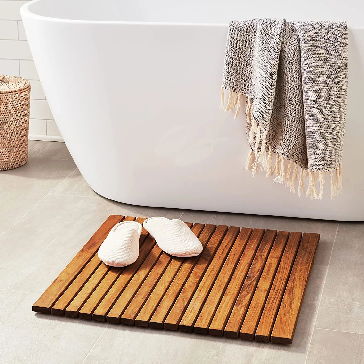 Lykos String Spa Shower Mat in Solid Teak Wood Oiled Finish, Large