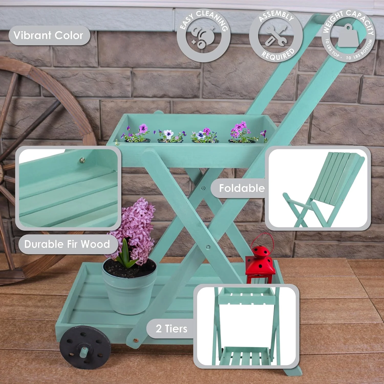 LIANMEI 2-Tiered Flower Garden Cart with Built-In Handle - Fir Wood - 20 lb Weight Capacity - 34” H - Robin Egg Blue