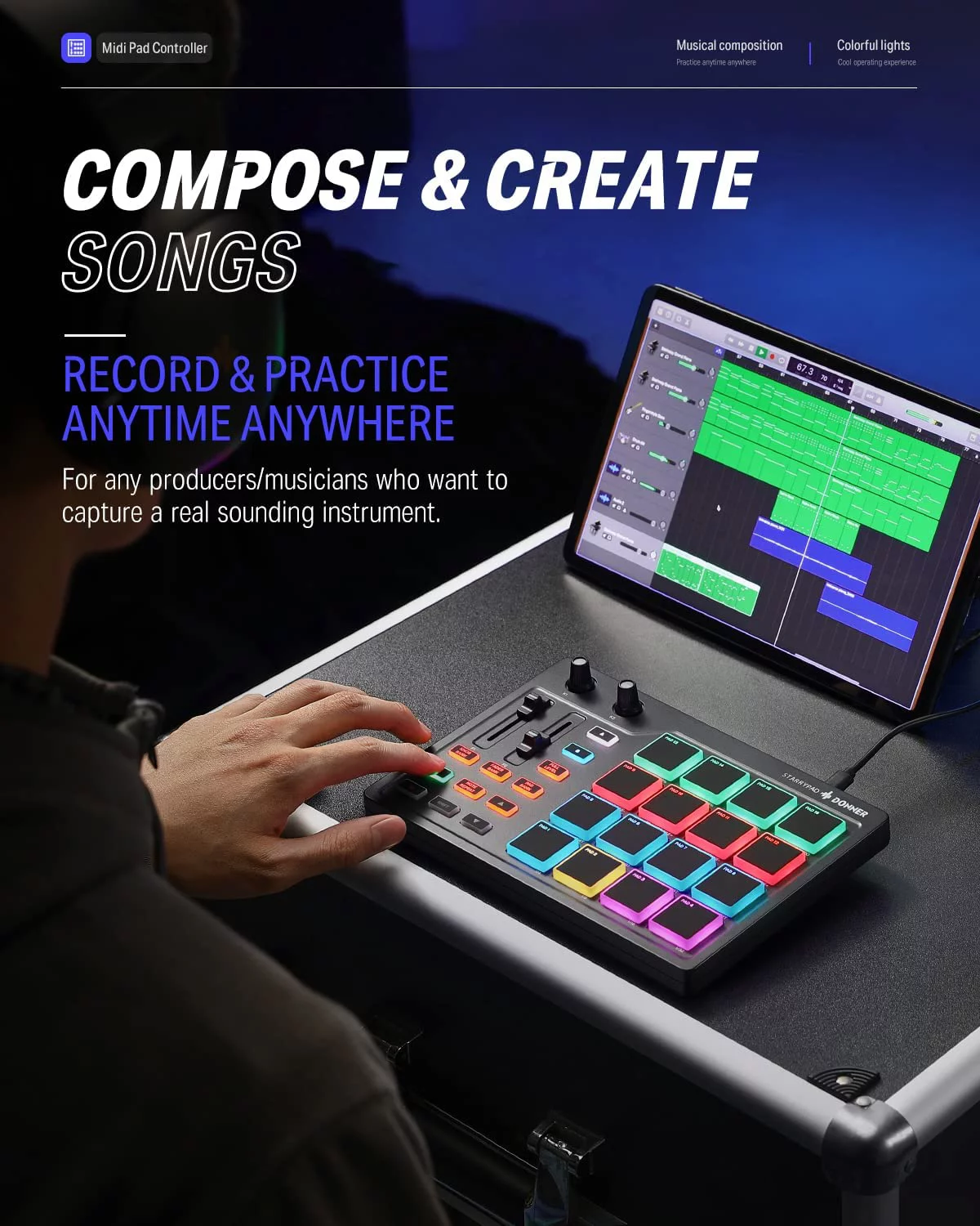 Donner MIDI Pad Beat Maker Machine Professional, Drum Machine with 16 Beat Pads, 2 Assignable Fader & Knobs and Music Production Software, USB MIDI Controller with 40 Free Courses, STARRYPAD