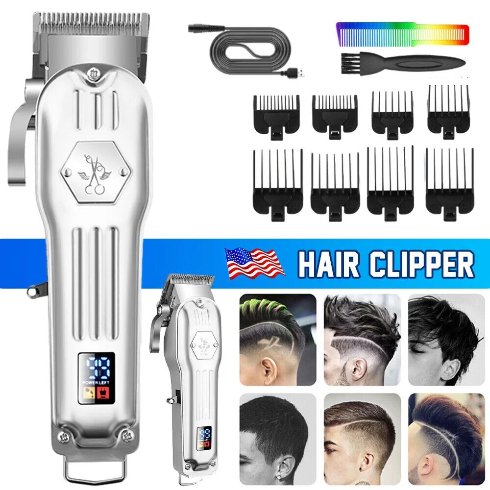 Professional Hair Clippers for Men, Cordless Barber Clippers for Hair Cutting, LED Digital Display Trimmer Beard Cutting Machine Barber, Silver