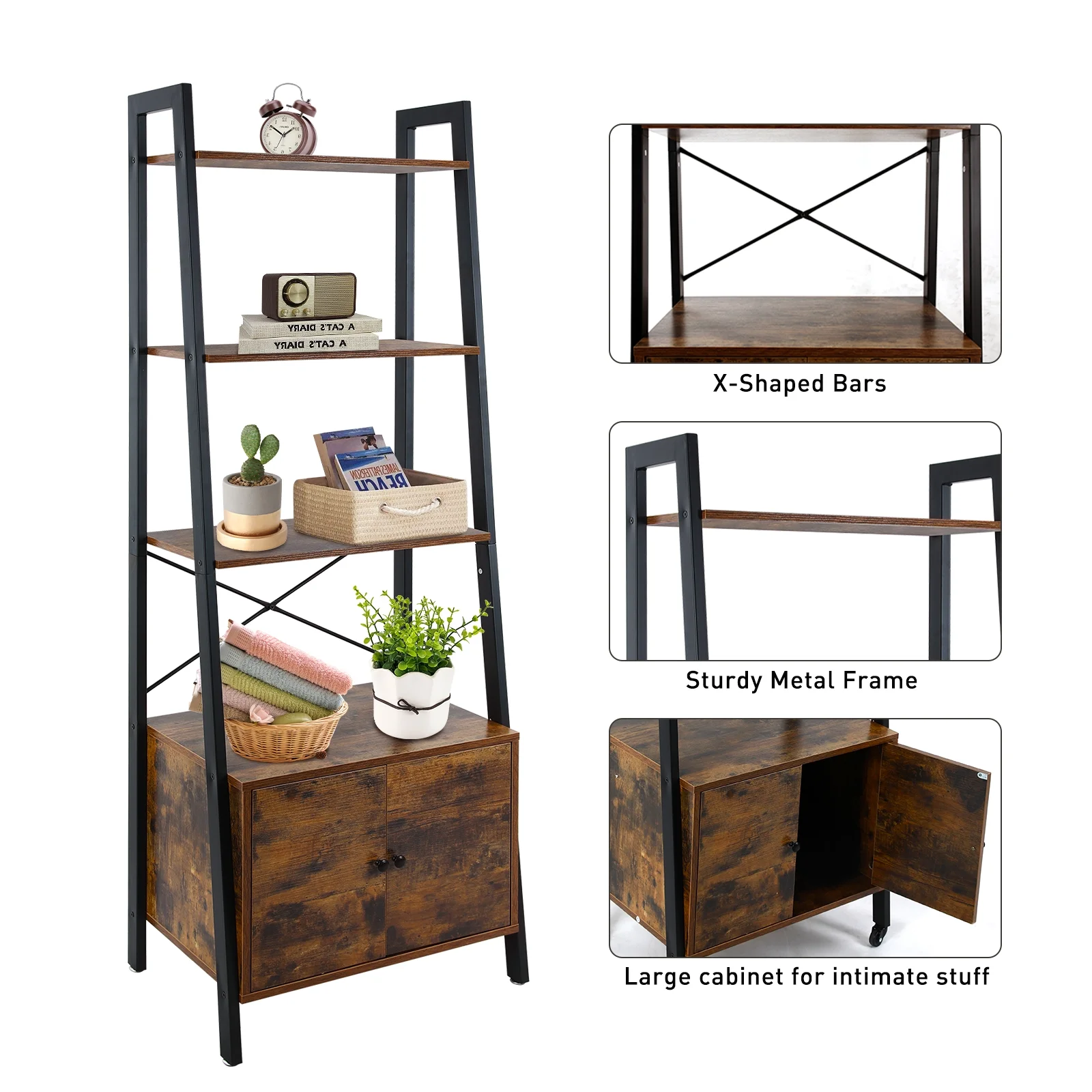 Fionafurn 3-Tier Ladder Bookshelf with Cabinet and 2 Available Feet, Storage Rack Shelves Brown and Black