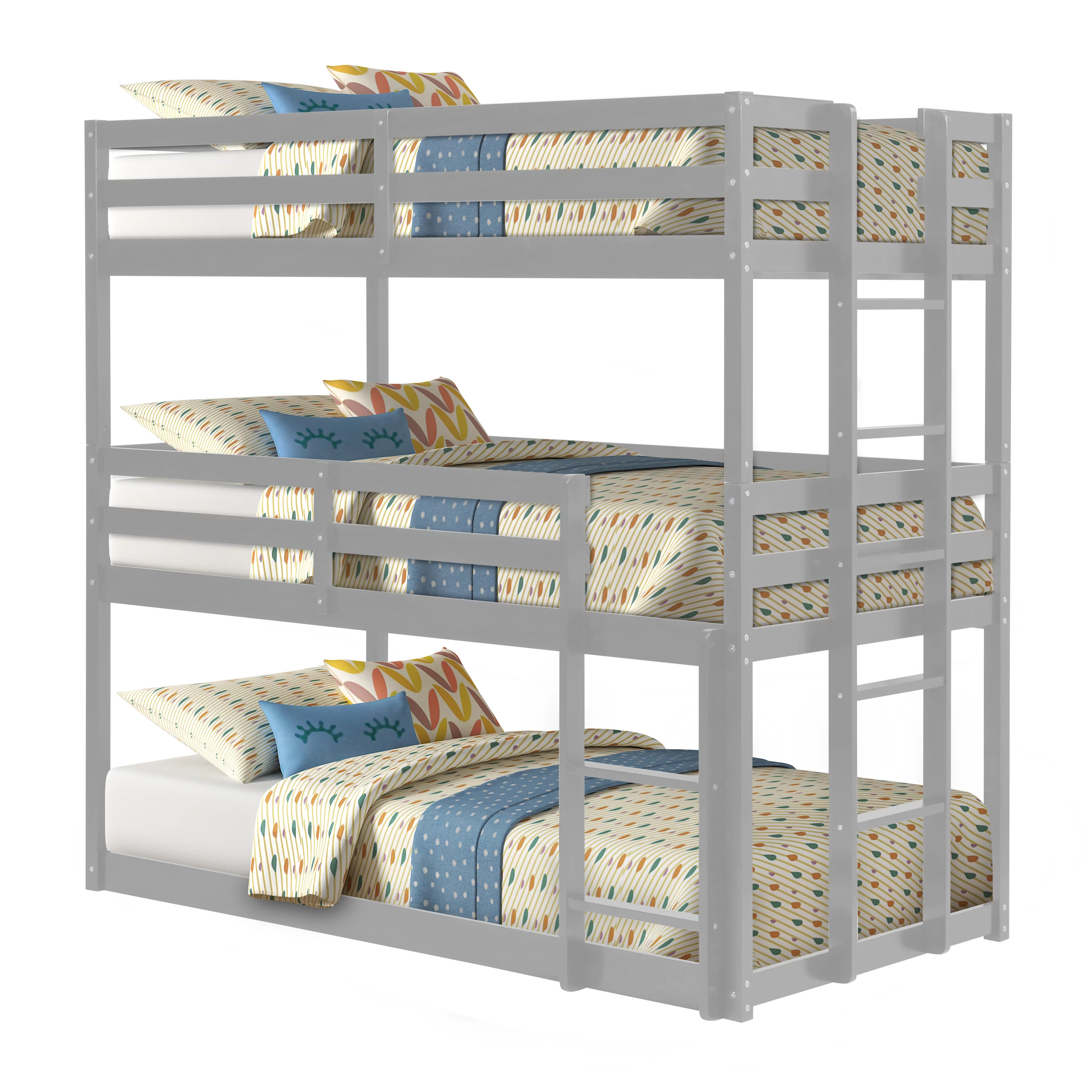 Wood Triple Twin Bunk Bed, Twin over Twin Triple Bunk Bed, Detachable Kids Bunk Bed, No Box Spring Needed (Gray)