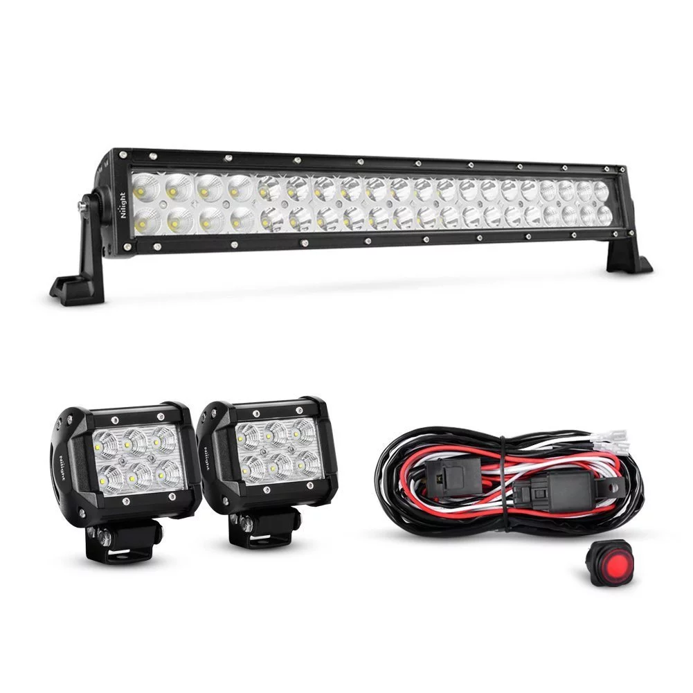 Nilight 22 Inch 120W Spot Flood Combo LED Work Light Bar 2PCS 4 Inch 18W Flood LED Off-Road Fog Lights With Wiring Harness, 2 years Warranty