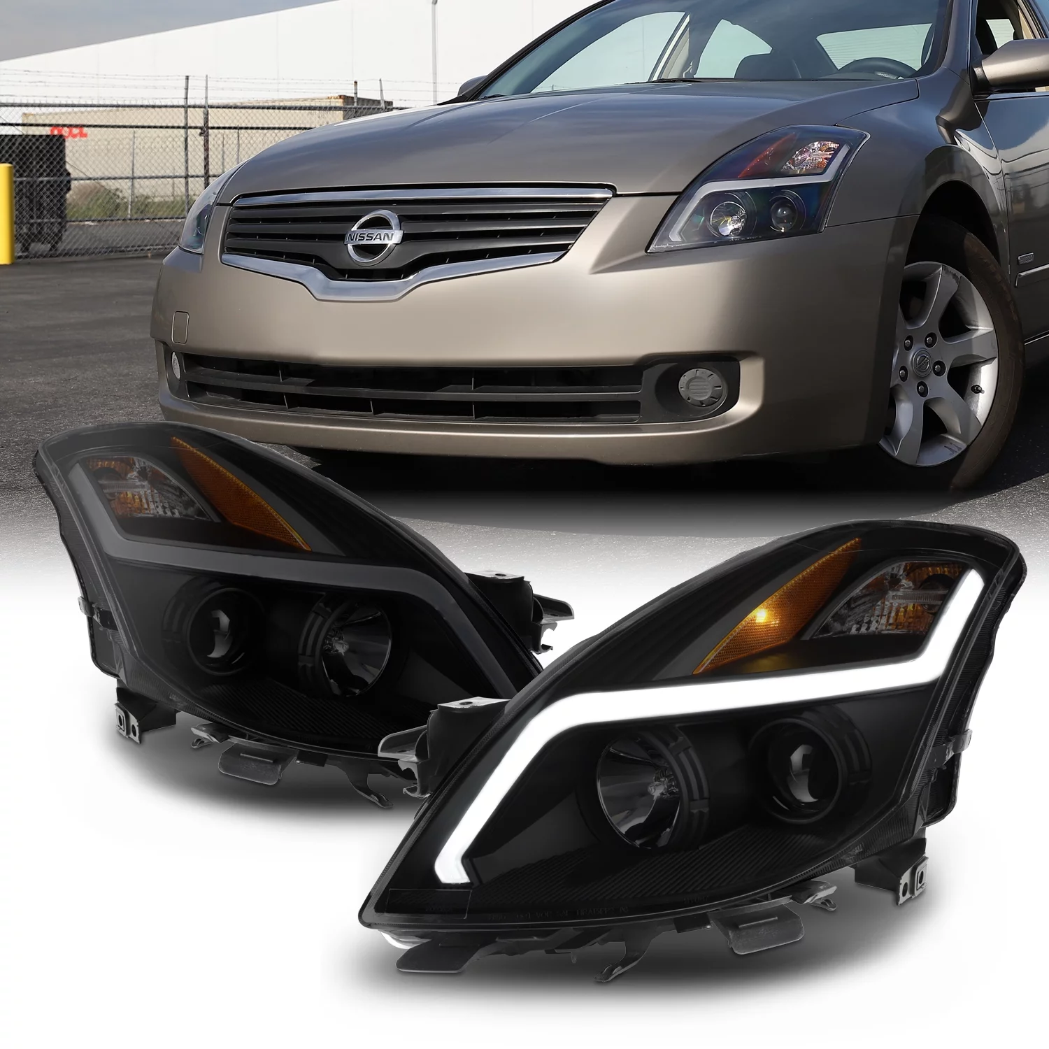 AKKON - For 2008 2009 Nissan Altima 2-Door Coupe LED Strip Projector Headlight Black Housing Assembly Smoke Lens