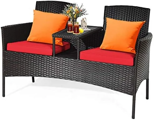 HBBOOMLIFE Outdoor Patio Loveseat  Wicker Patio Conversation Set with Removable Cushions and Coffee Table  Plastic Table Top  Modern Rattan Loveseat Sofa Set for Garden Lawn Backyard (Tur