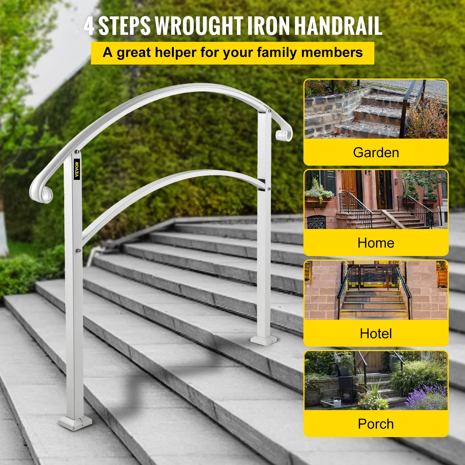 VEVORbrand 4-Step Handrail for Outdoor Stairs Metal Handrail 4 Step Railing Iron Handrail Height adjustable, Matte White