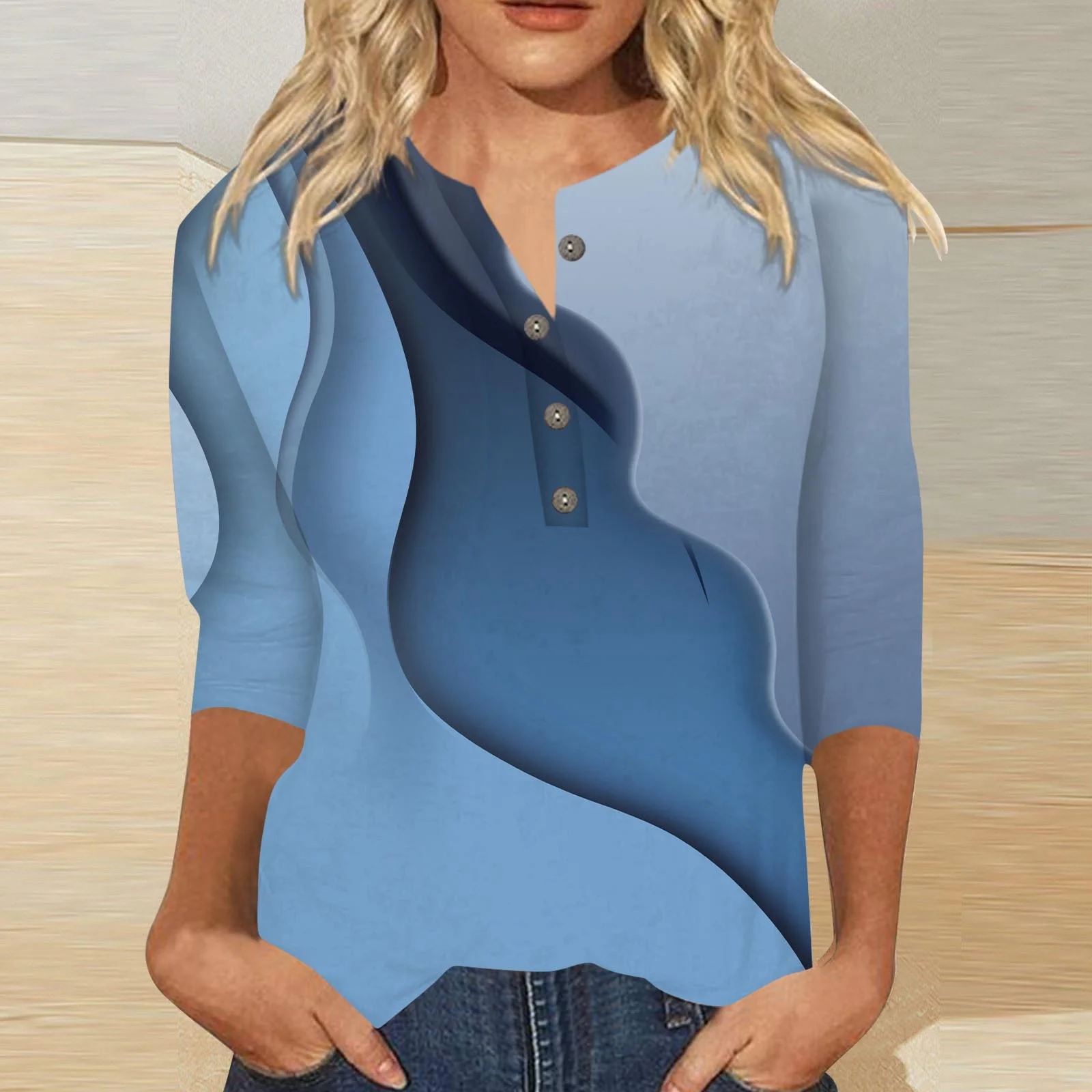 Women's Casual Printed Button Three Quarter Sleeve T Shirt Top