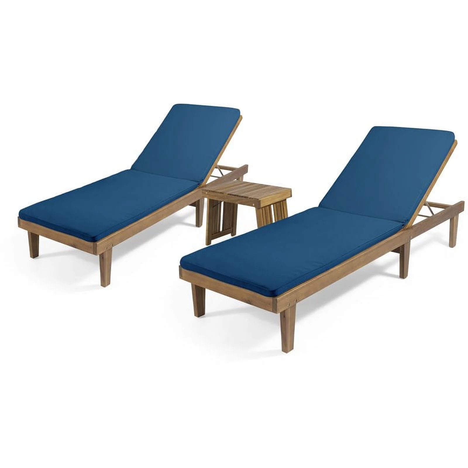 Noble House Nadine Outdoor Wood 3-Pc Chaise Lounge Set Cushion Teak/Blue
