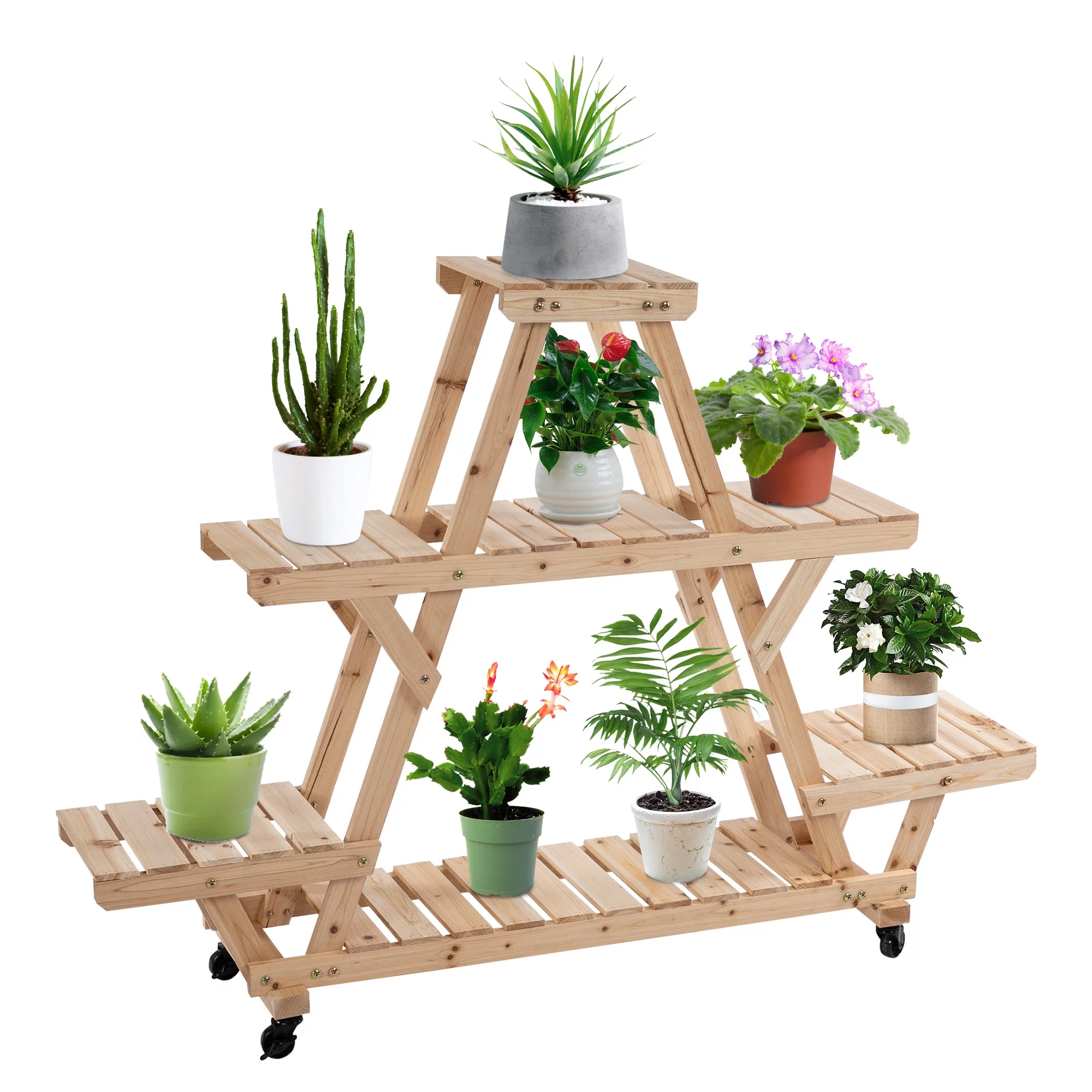 Outsunny 56''x14''x41'' 4 Tier Wooden Plant Stand with Removable Wheels, Natural