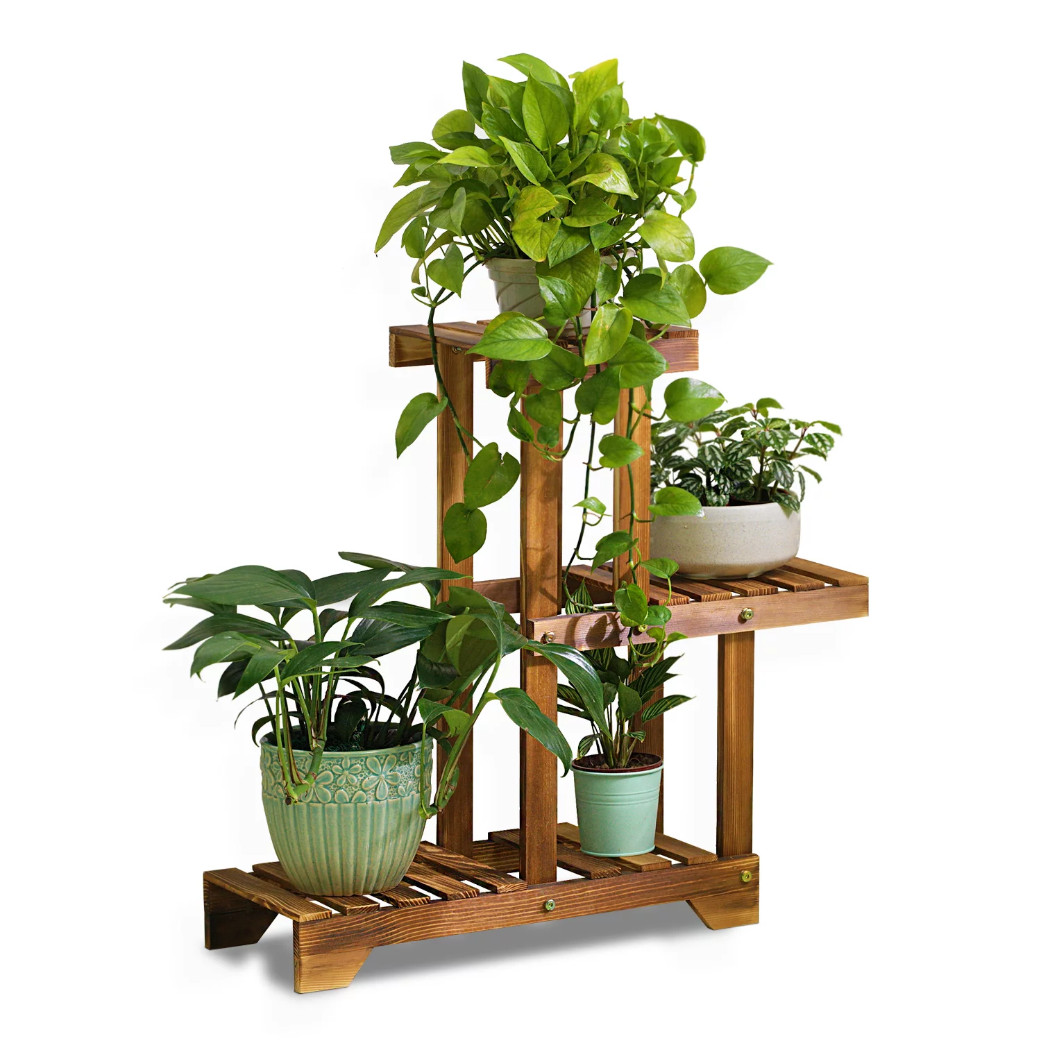 MoNiBloom Wood 3 Tiers Plant Stand, Flower Storage Shelf Rack, Carbonized, for Garden