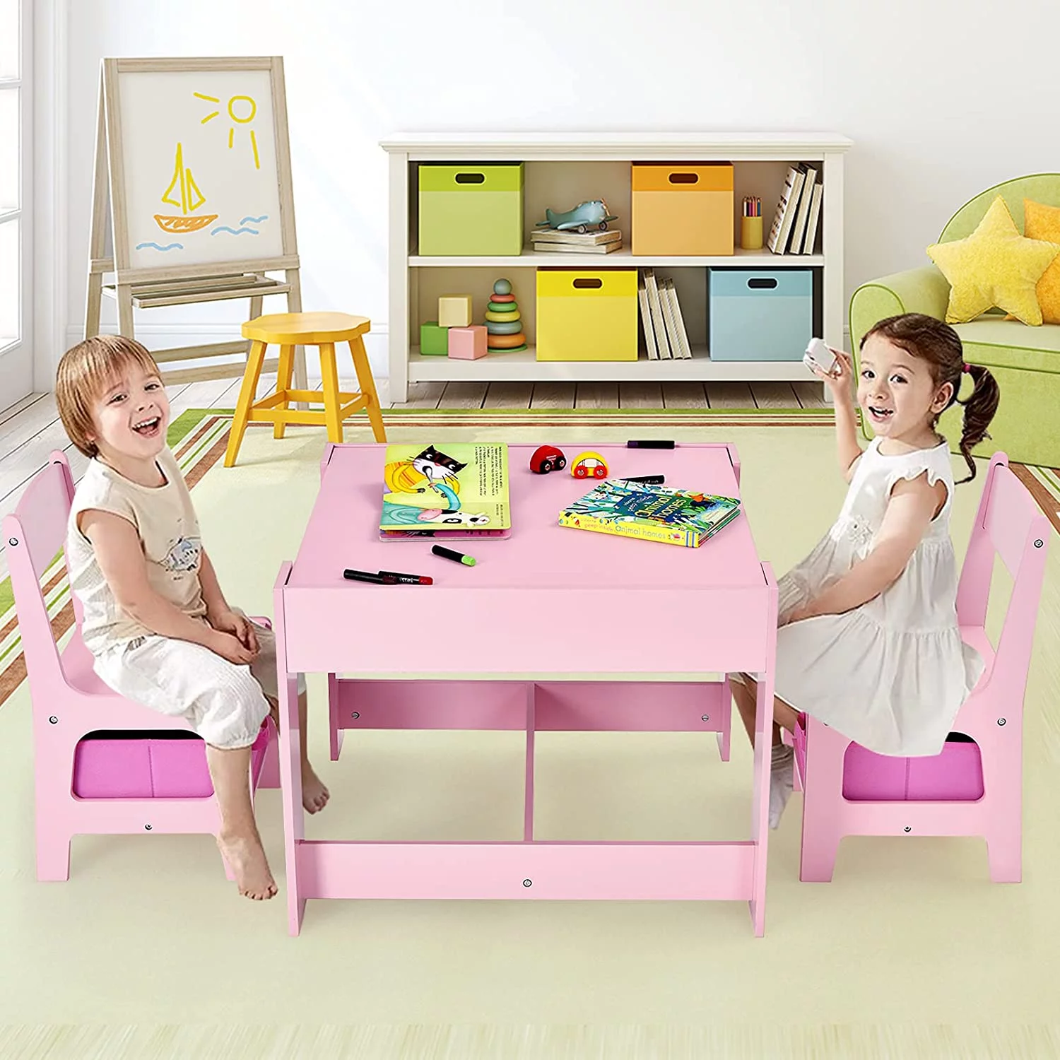 Kids Table and Chair Set, 3 in 1 Wooden Activity Table with Storage Drawer, Detachable Tabletop for Children Drawing Reading Art Craft, Playroom, Nursery, Toddler Table and Chair Set, Pink